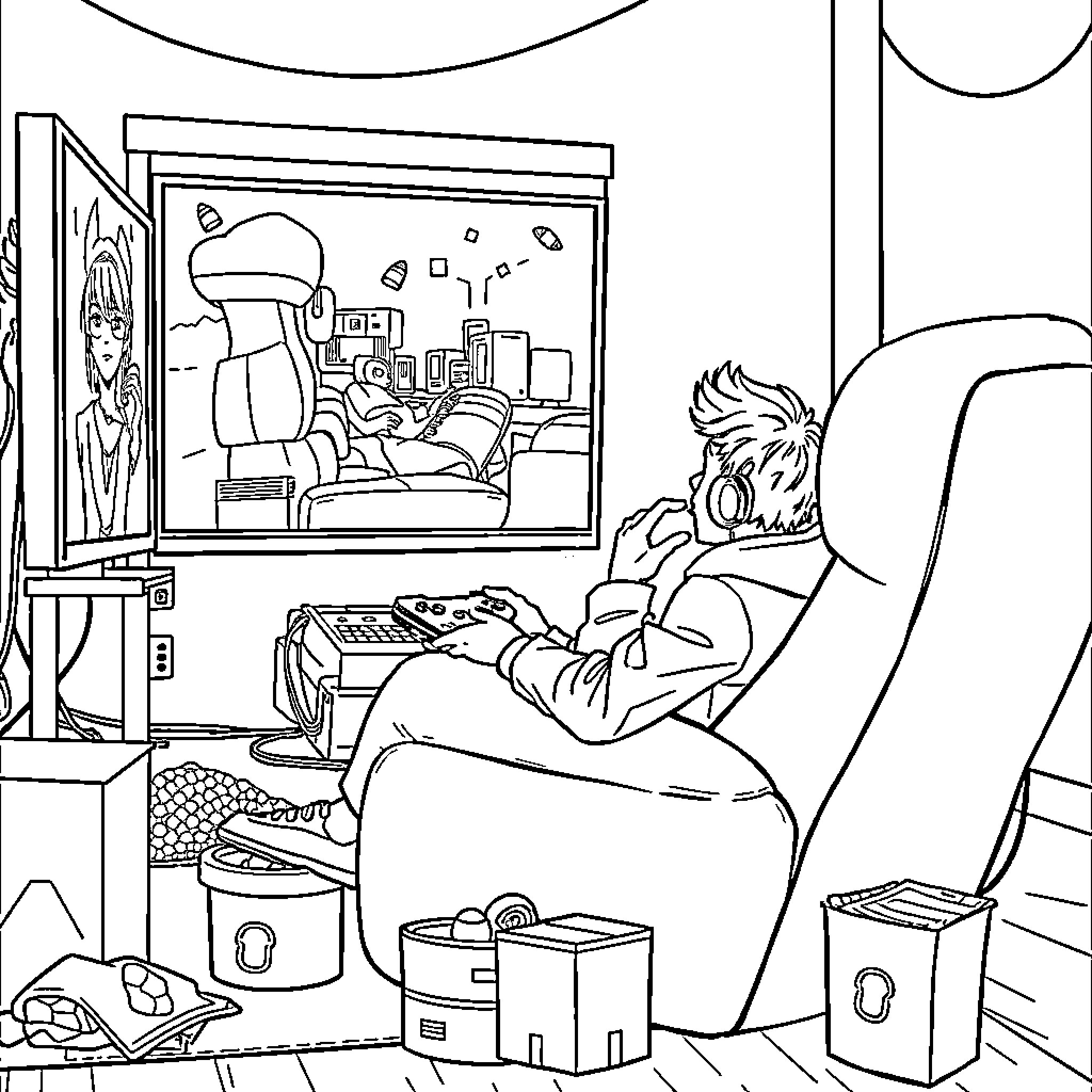Kai Cenat enjoying video games in his room Coloring Page (free black-and-white line drawing printable PDF for all, from beginners to advanced learners, including children, teens, adults, and seniors)