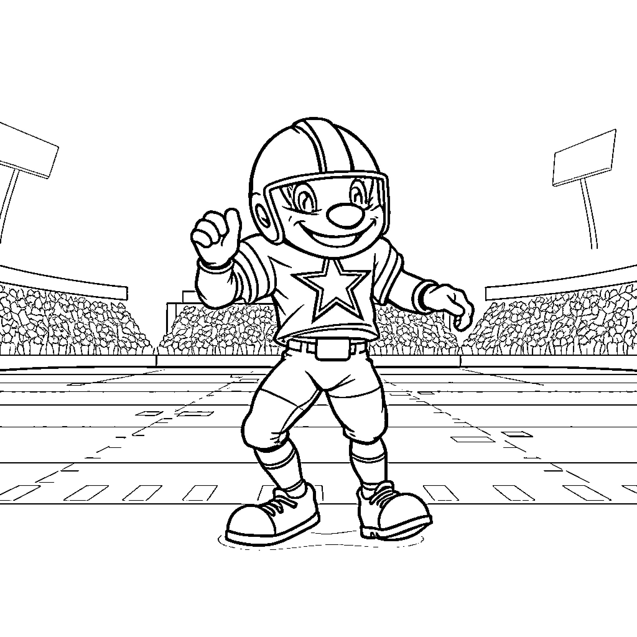 Dallas Cowboys Mascot Celebrating on the Field Coloring Page (free black-and-white line drawing printable PDF for all, from beginners to advanced learners, including children, teens, adults, and seniors)