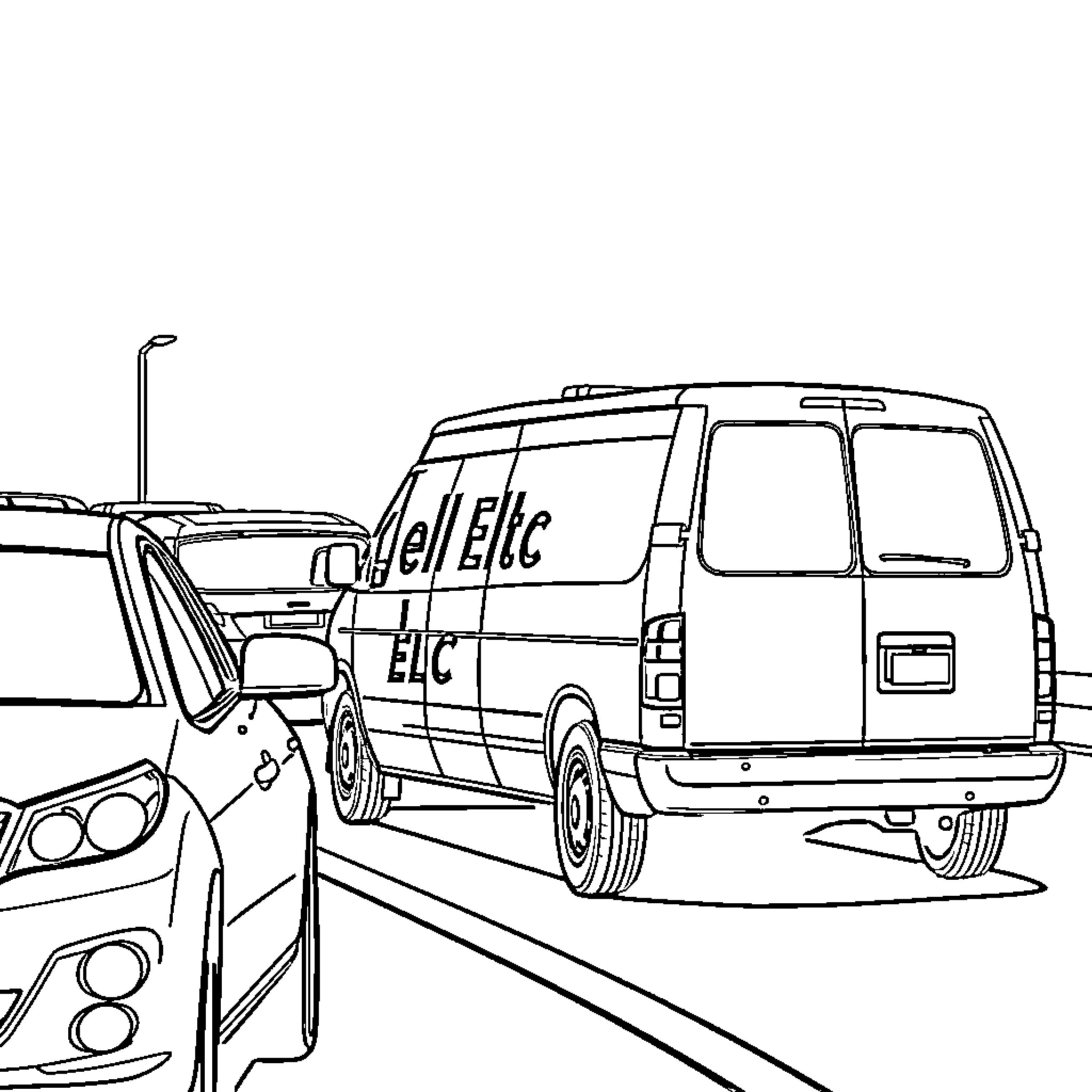 Van transporting goods on the city street Coloring Page (free black-and-white line drawing printable PDF for all, from beginners to advanced learners, including children, teens, adults, and seniors)