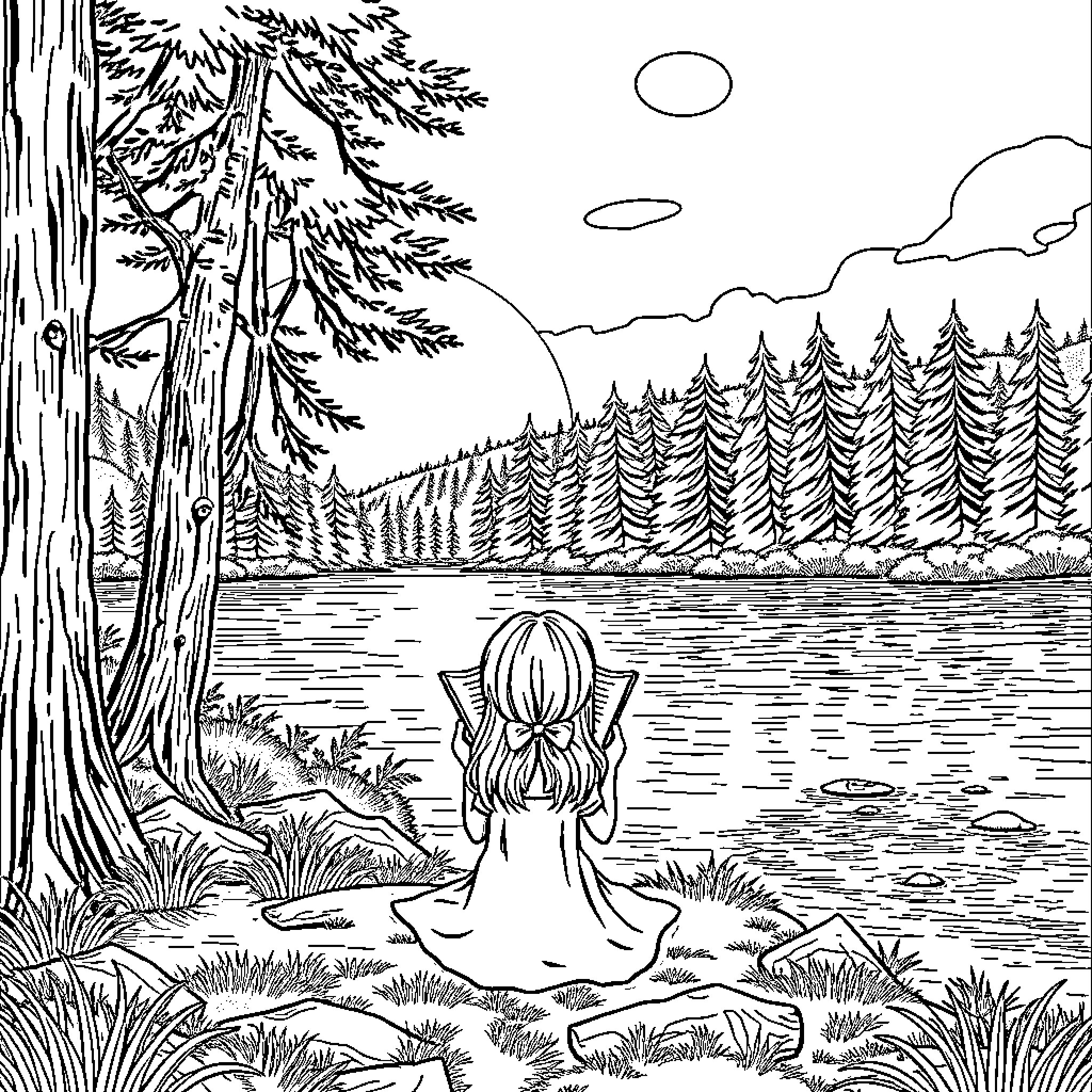 Girl admiring serene forest landscape by the lake Coloring Page (free black-and-white line drawing printable PDF for all, from beginners to advanced learners, including children, teens, adults, and seniors)