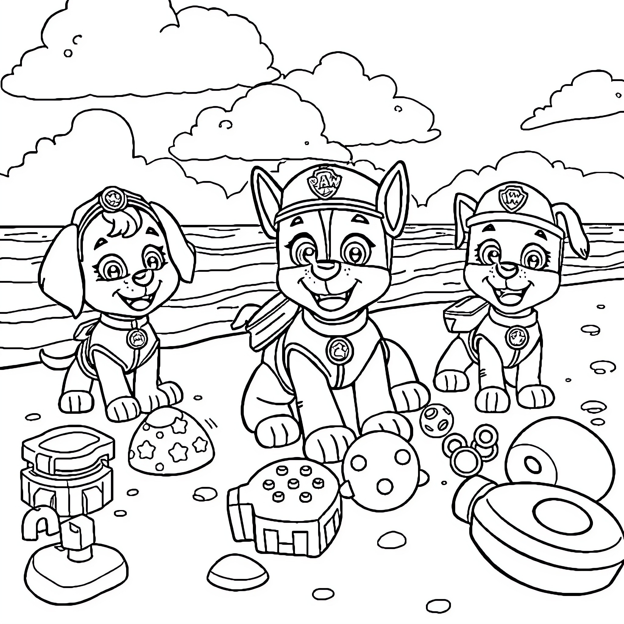 Paw Patrol Pups Playing on the Beach Coloring Page (free black-and-white line drawing printable PDF for all, from beginners to advanced learners, including children, teens, adults, and seniors)
