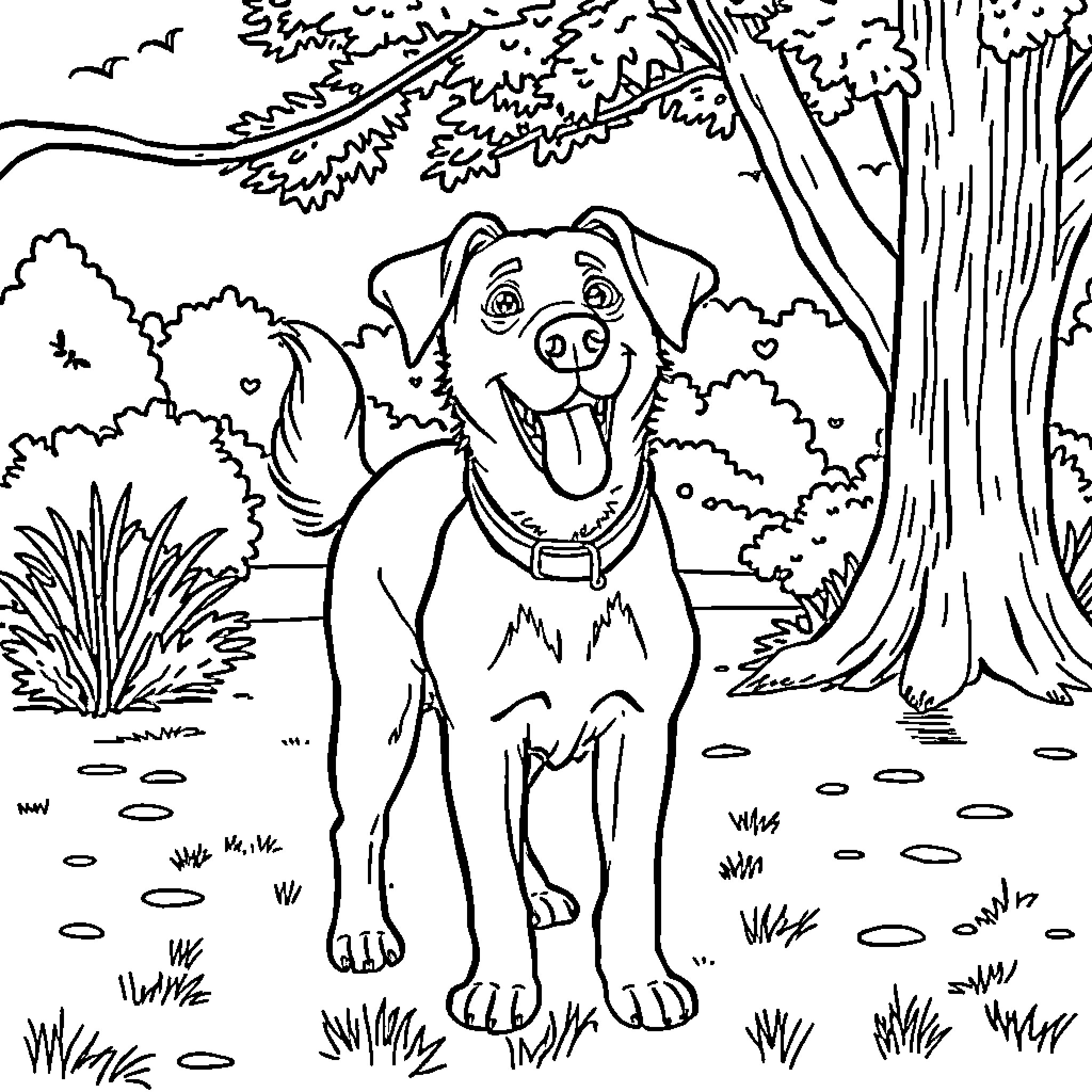 Dog playing happily in the forest Coloring Page (free black-and-white line drawing printable PDF for all, from beginners to advanced learners, including children, teens, adults, and seniors)