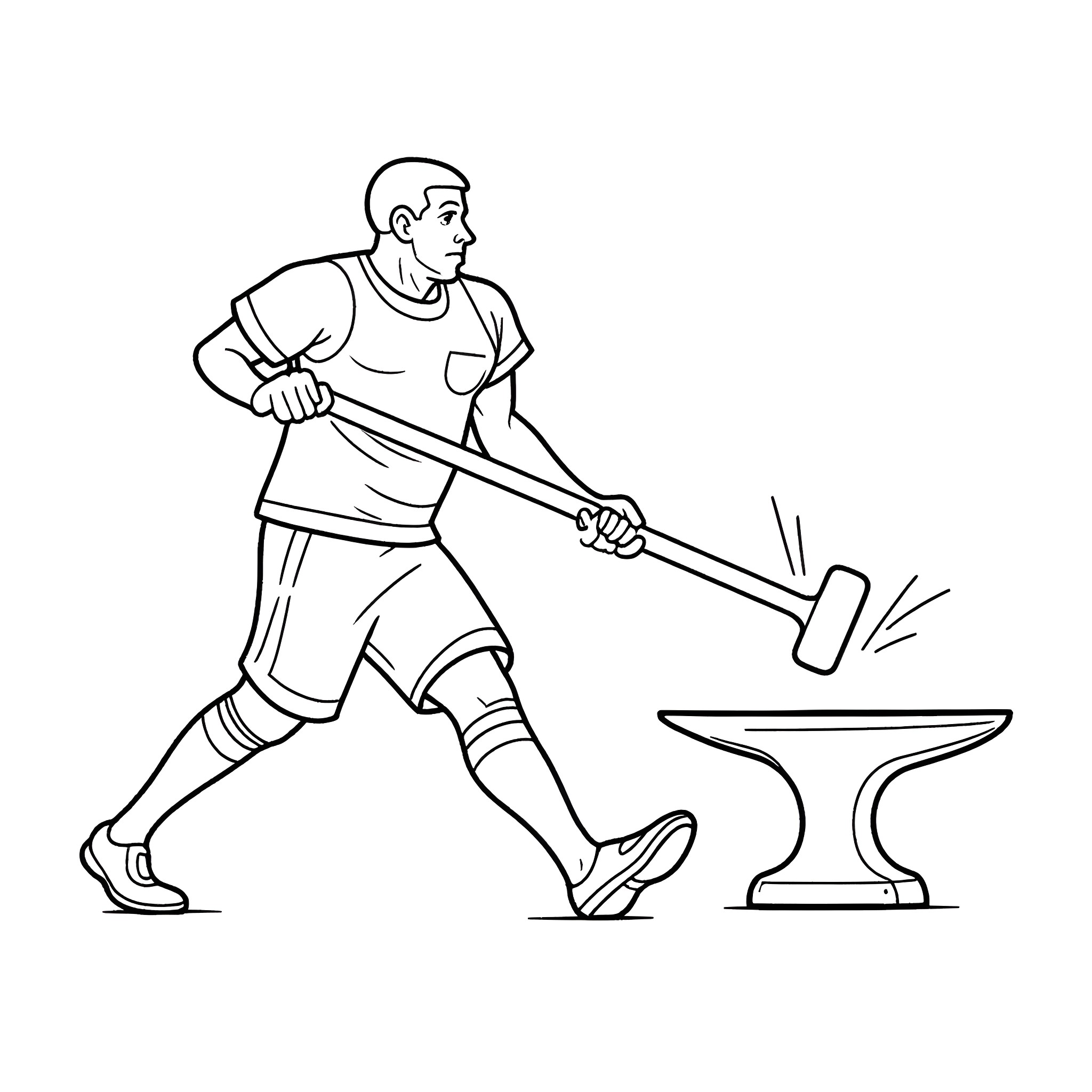 Soccer Player Hammering a Metal Object Coloring Page (free black-and-white line drawing printable PDF for all, from beginners to advanced learners, including children, teens, adults, and seniors)