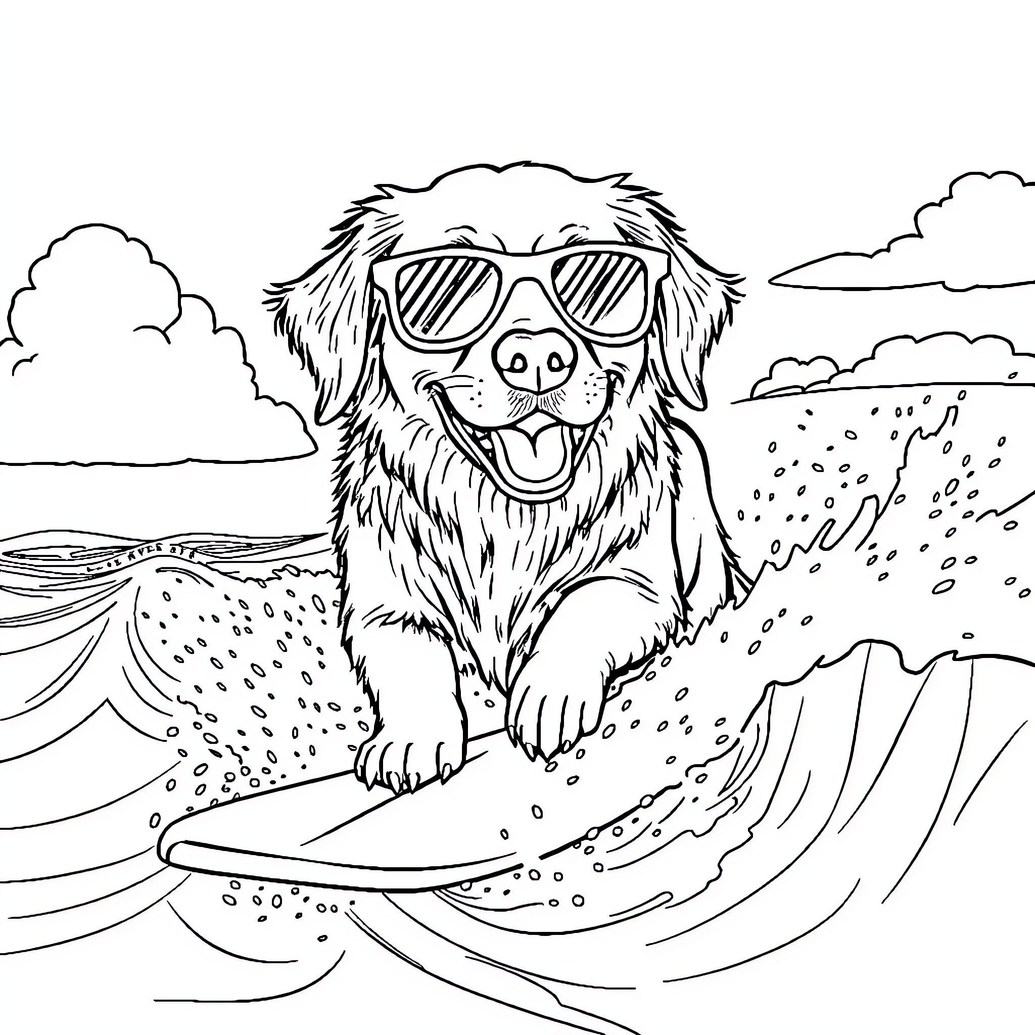 Golden Retriever surfing happily in the waves Coloring Page (free black-and-white line drawing printable PDF for all, from beginners to advanced learners, including children, teens, adults, and seniors)