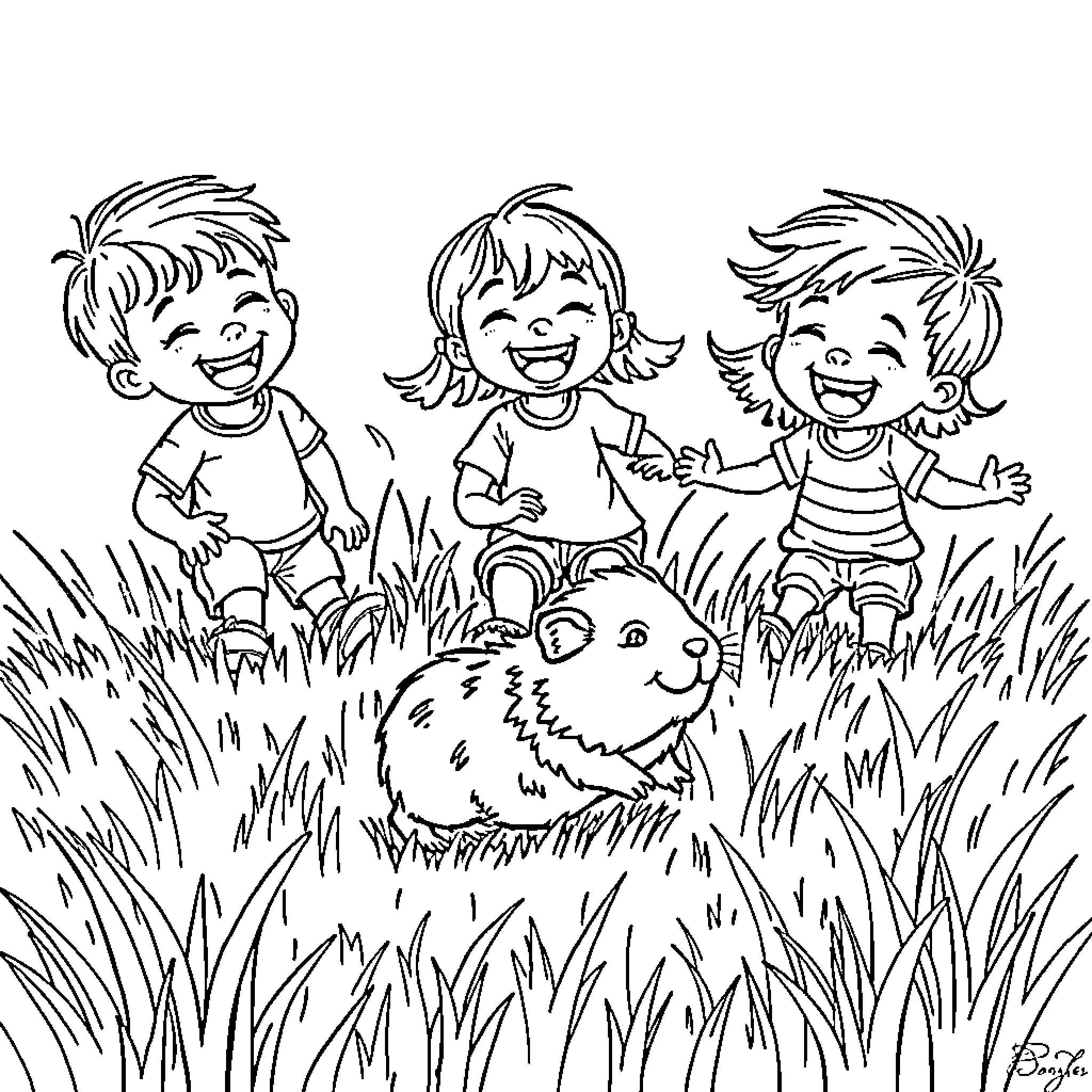 Kid friends playing joyfully in the meadow Coloring Page (free black-and-white line drawing printable PDF for all, from beginners to advanced learners, including children, teens, adults, and seniors)