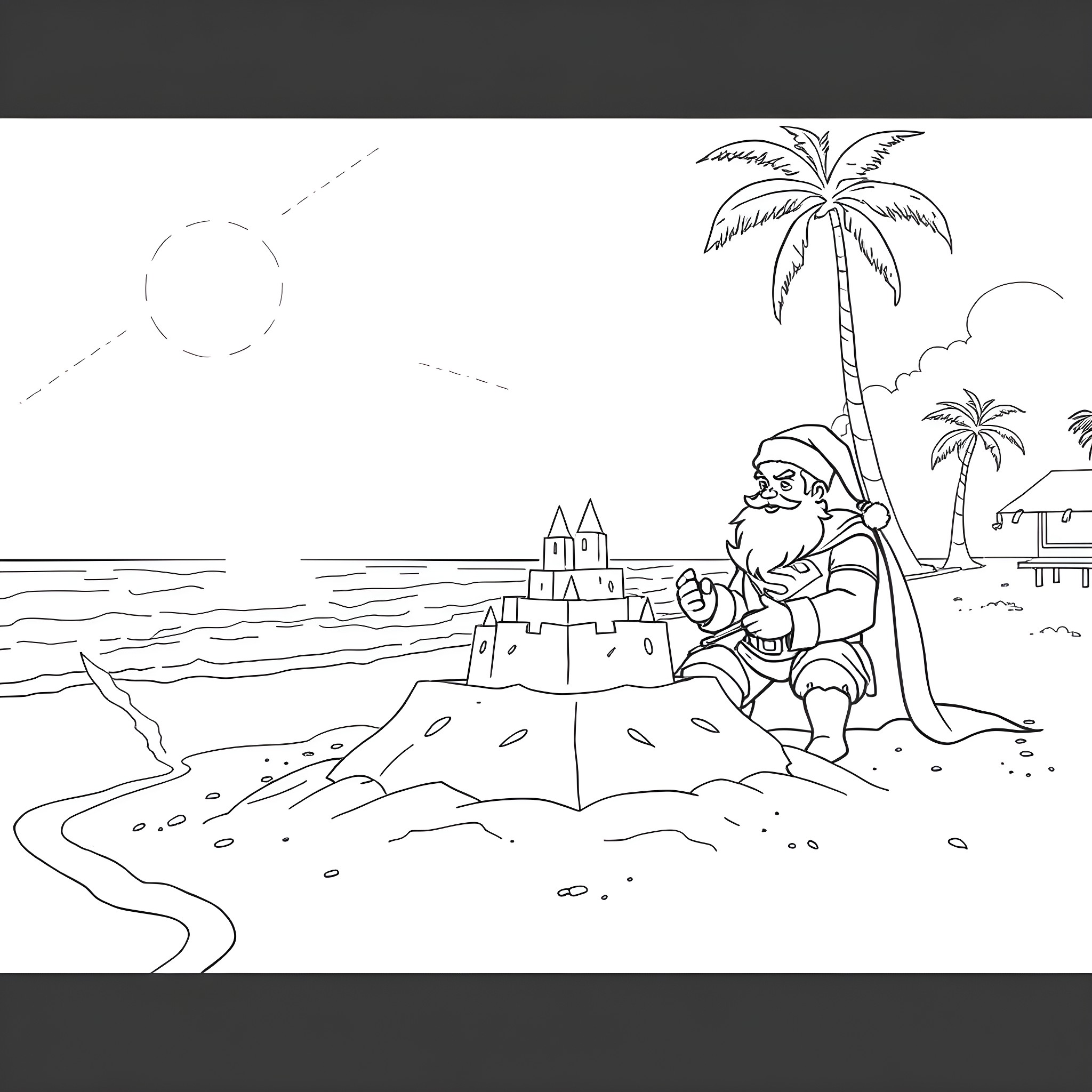 Superman Building Sandcastle on Tropical Beach Coloring Page (free black-and-white line drawing printable PDF for all, from beginners to advanced learners, including children, teens, adults, and seniors)