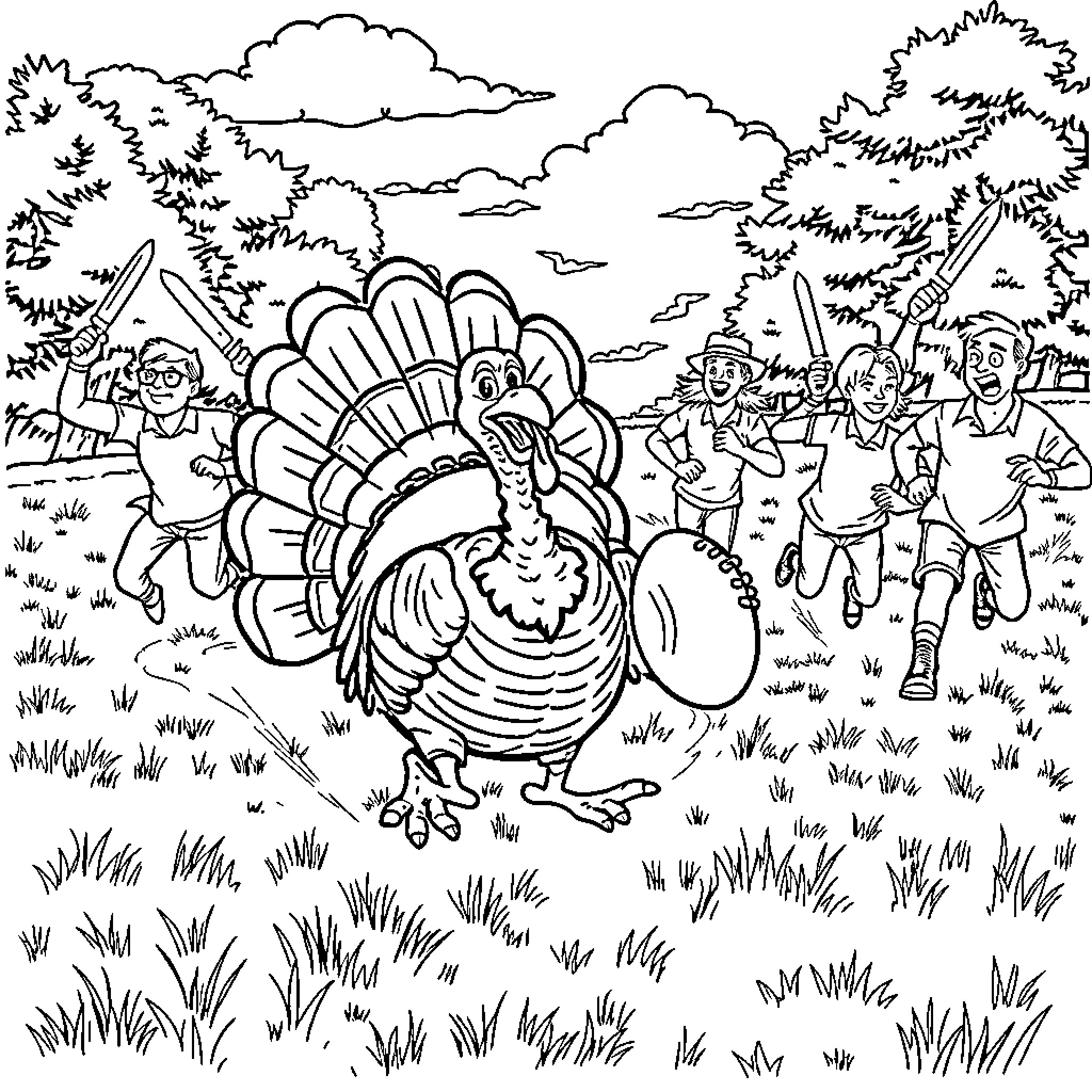 Turkey Parade with Festive Costumes and Lively Scene Coloring Page (free black-and-white line drawing printable PDF for all, from beginners to advanced learners, including children, teens, adults, and seniors)
