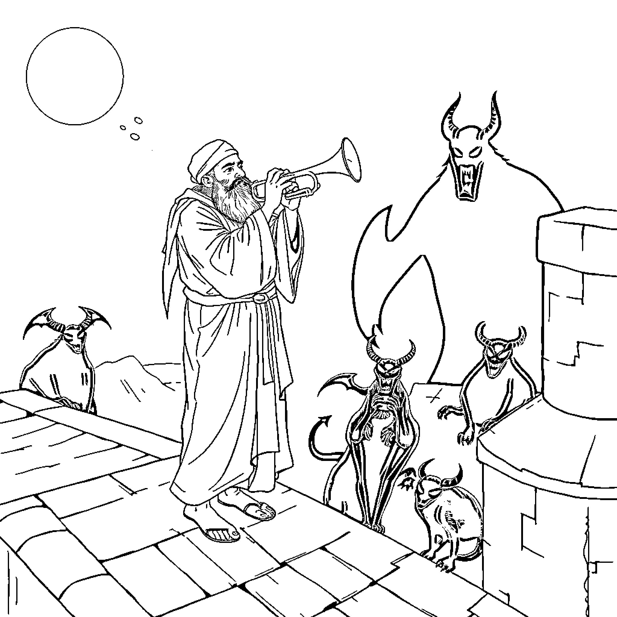 Rumi's Encounter with Fantastical Creatures Coloring Page (free black-and-white line drawing printable PDF for all, from beginners to advanced learners, including children, teens, adults, and seniors)
