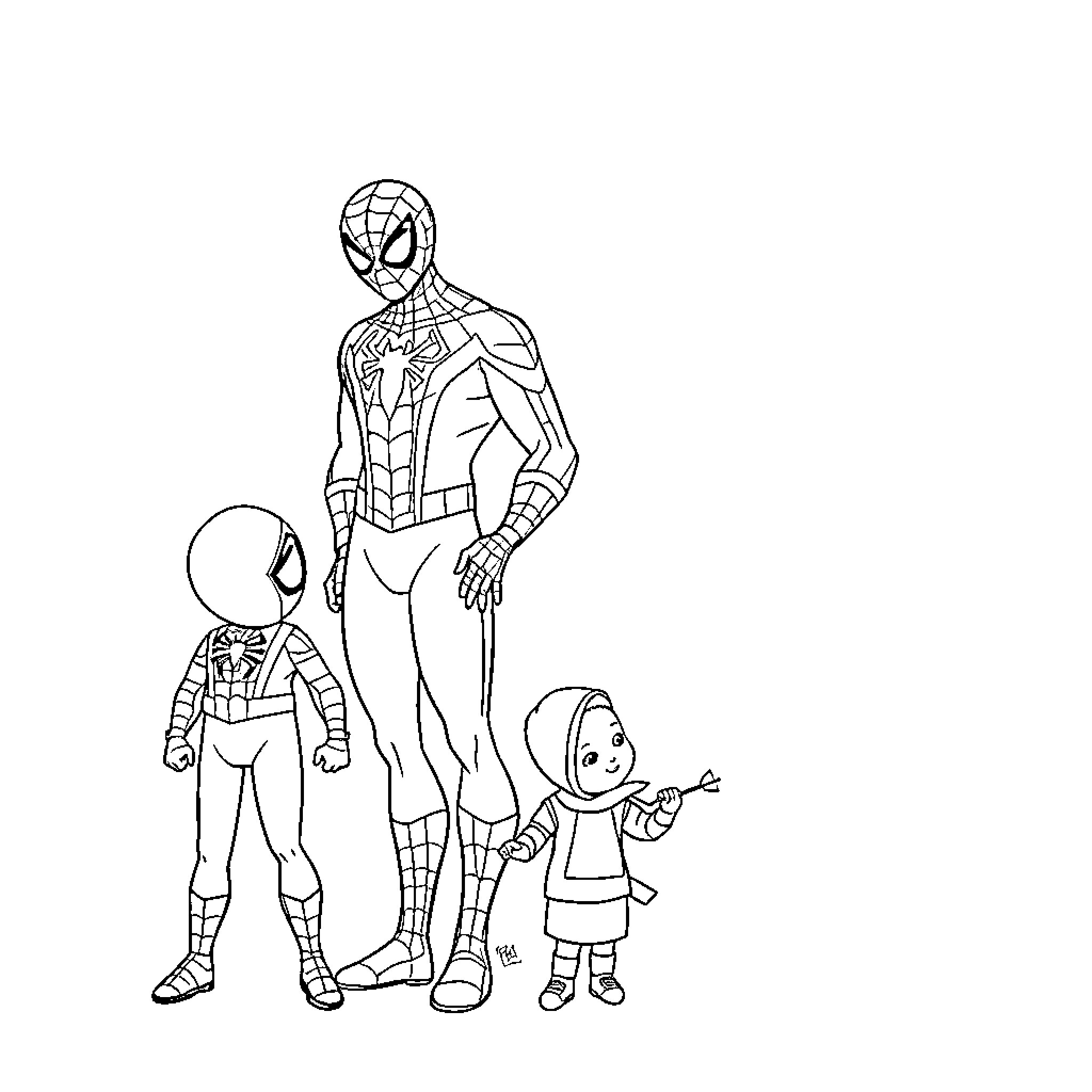 Spiderman with family members in costume Coloring Page (free black-and-white line drawing printable PDF for all, from beginners to advanced learners, including children, teens, adults, and seniors)