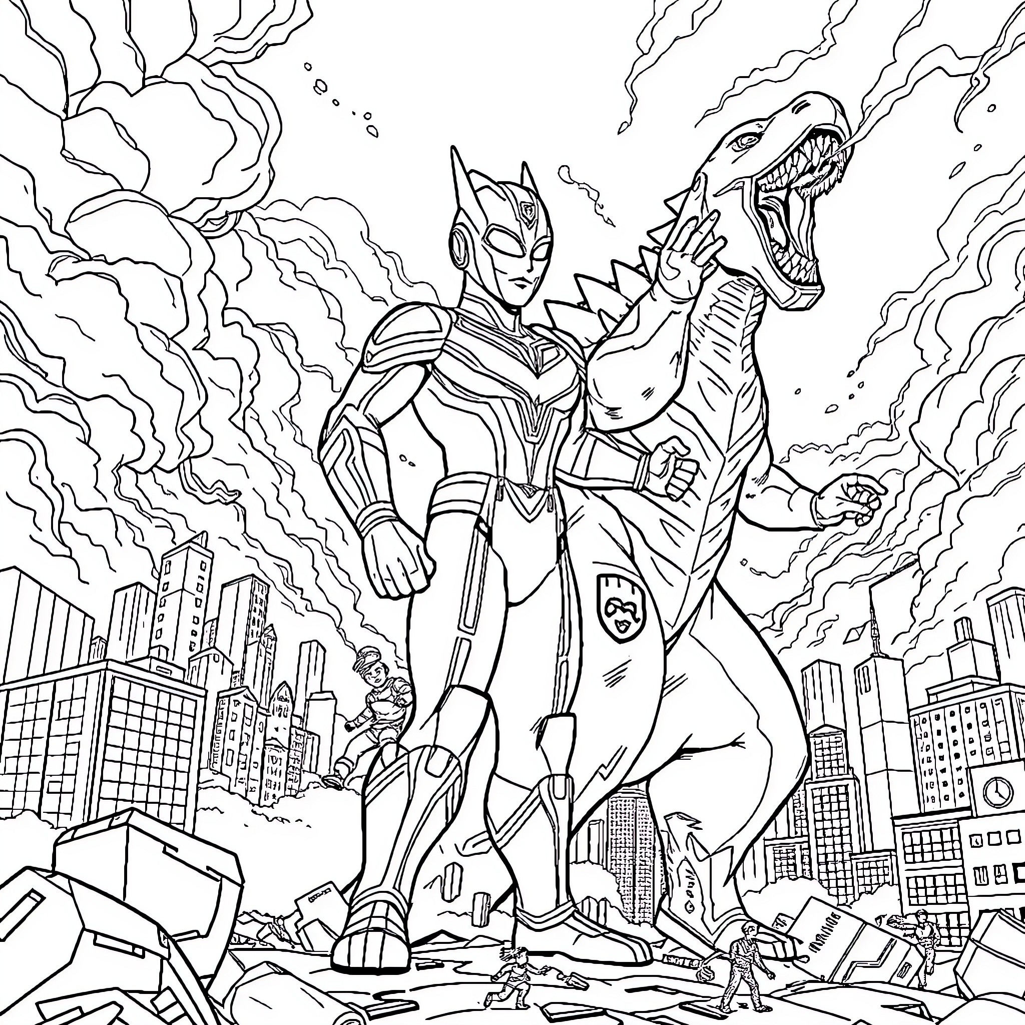 Ultraman battles a monstrous foe in the city Coloring Page (free black-and-white line drawing printable PDF for all, from beginners to advanced learners, including children, teens, adults, and seniors)