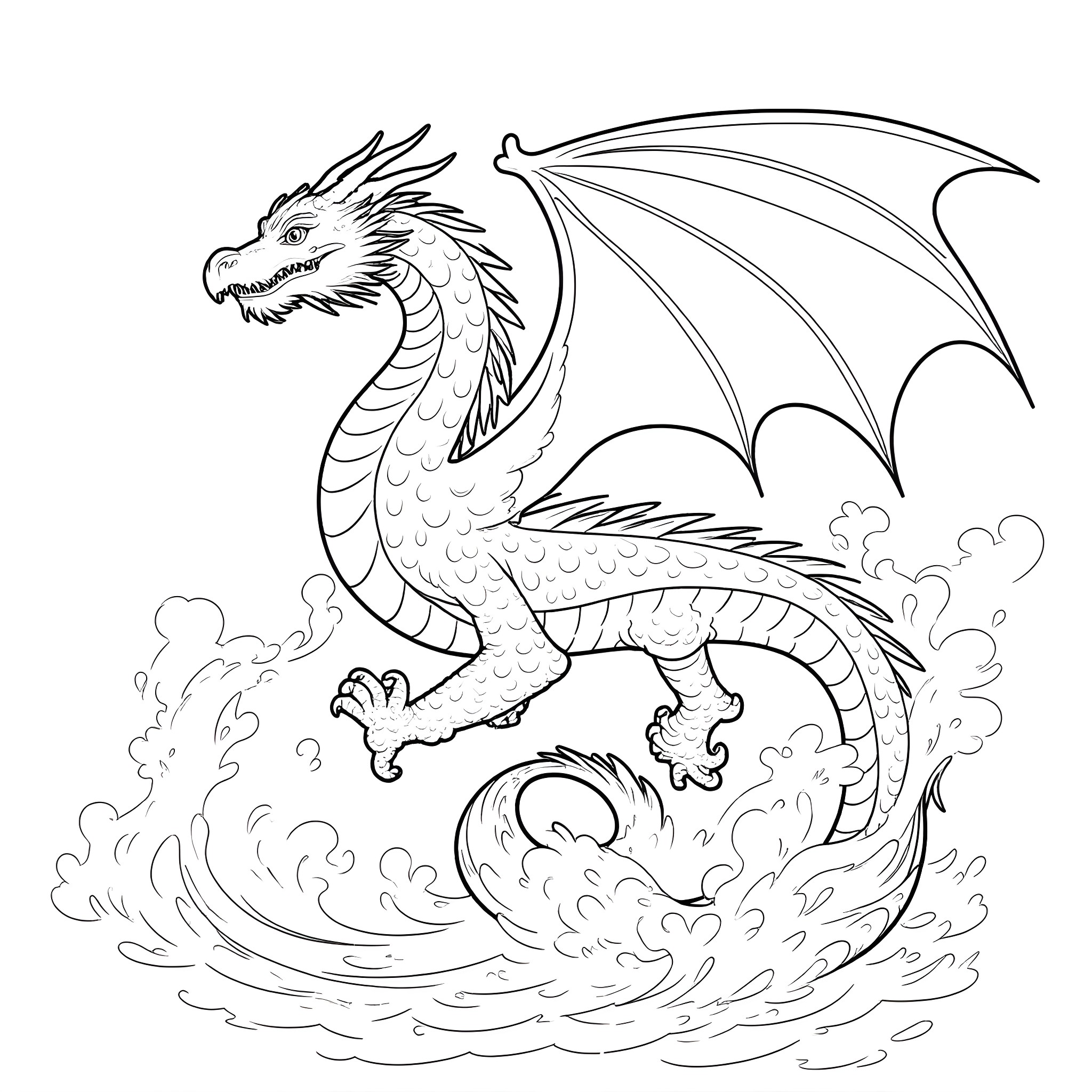 Dragon emerging from stormy waves Coloring Page (free black-and-white line drawing printable PDF for all, from beginners to advanced learners, including children, teens, adults, and seniors)