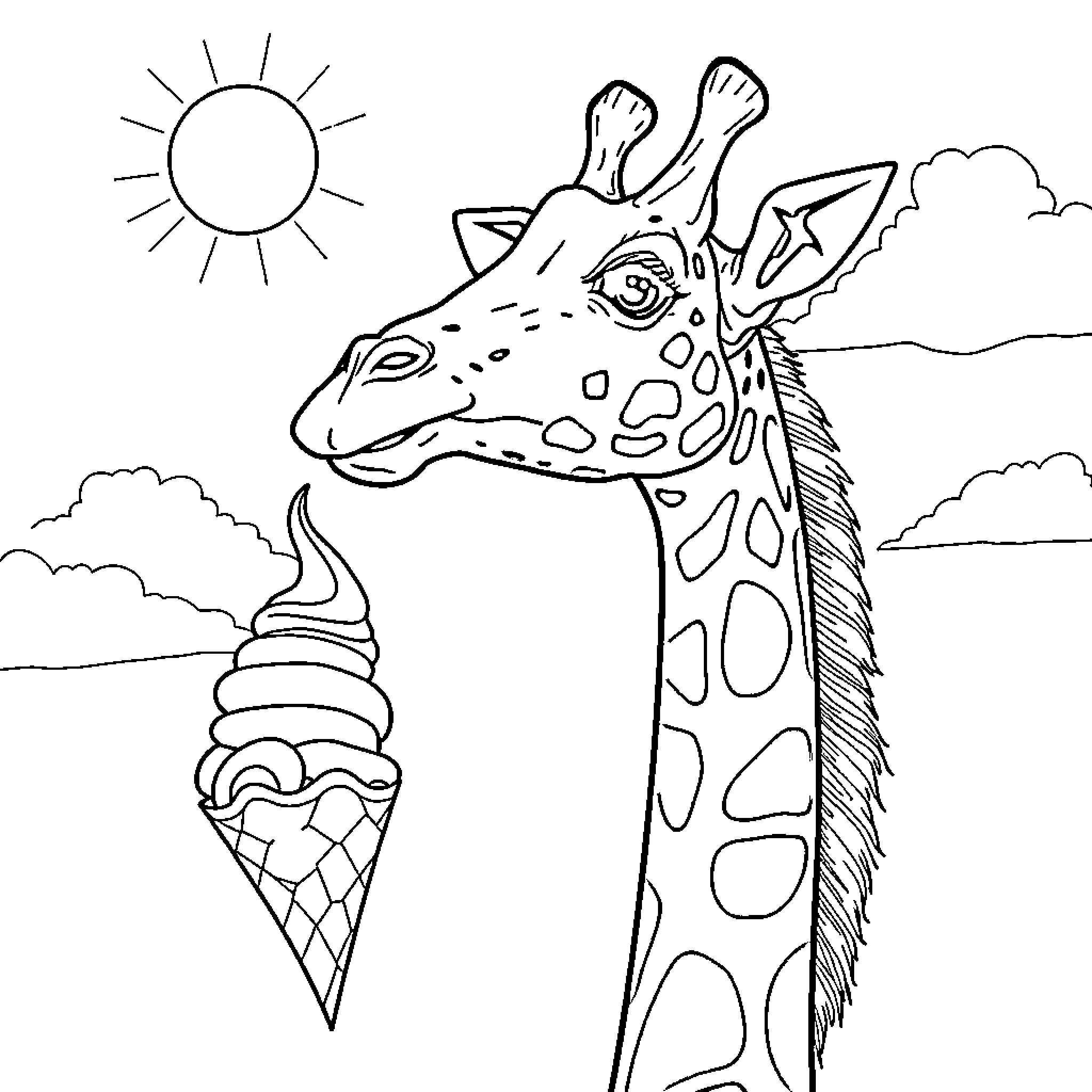 Giraffe with an ice cream cone in a sunny landscape Coloring Page (free black-and-white line drawing printable PDF for all, from beginners to advanced learners, including children, teens, adults, and seniors)