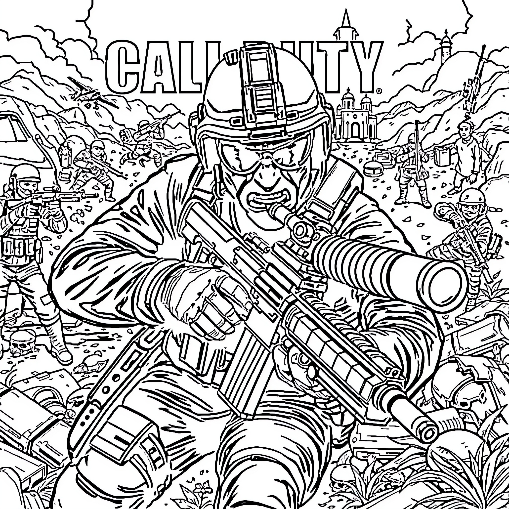 Call of Duty: Intense Combat Amid Destruction Coloring Page (free black-and-white line drawing printable PDF for all, from beginners to advanced learners, including children, teens, adults, and seniors)