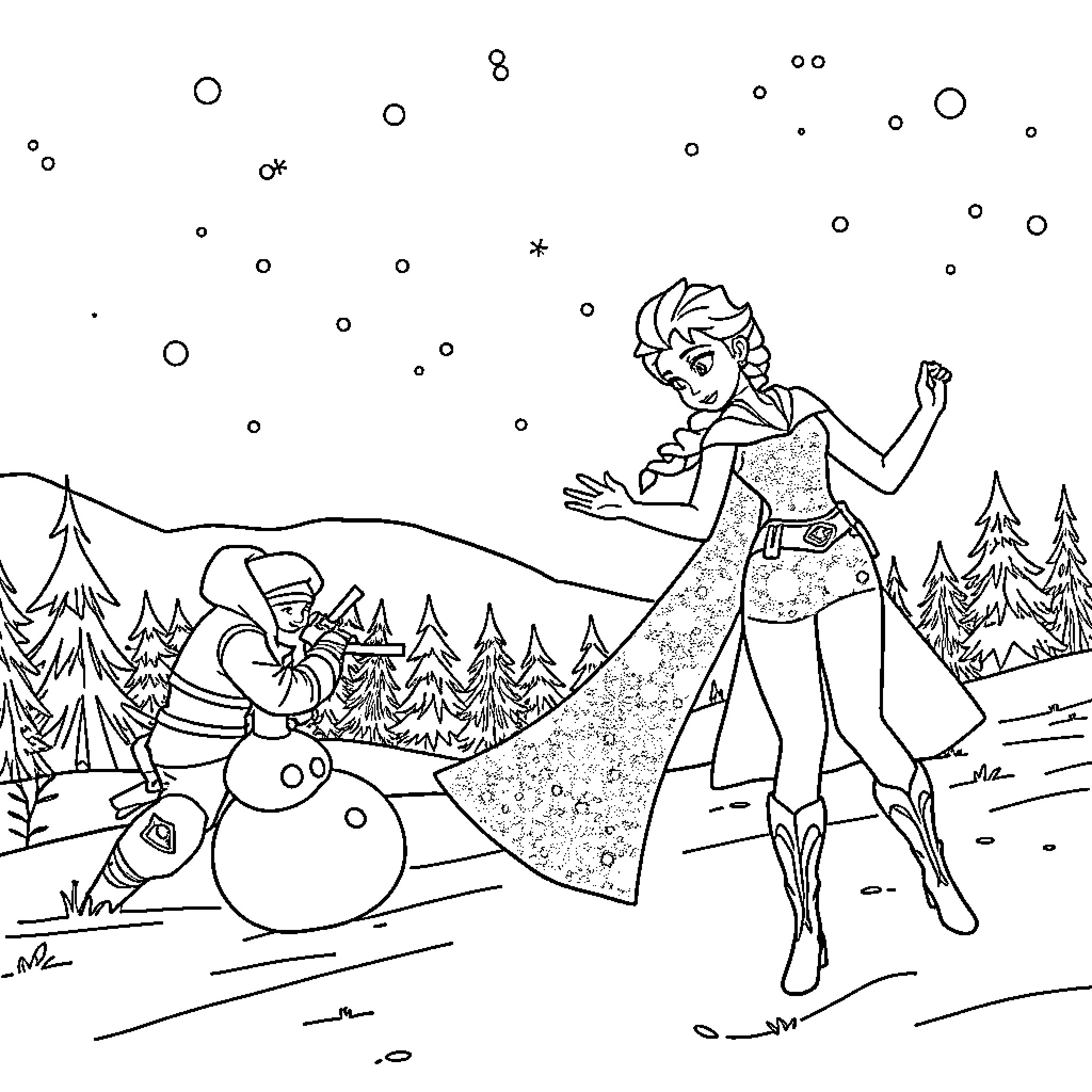 Elsa enjoying a winter wonderland adventure Coloring Page (free black-and-white line drawing printable PDF for all, from beginners to advanced learners, including children, teens, adults, and seniors)