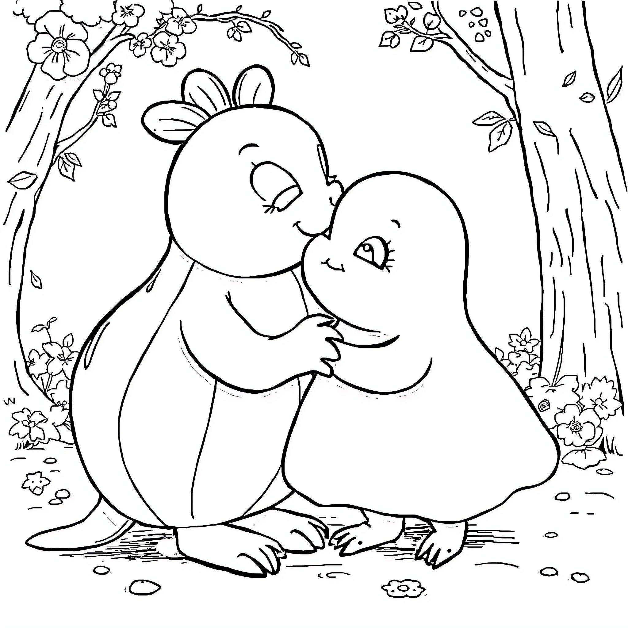 Carapuce enjoying a tender moment with a friend Coloring Page (free black-and-white line drawing printable PDF for all, from beginners to advanced learners, including children, teens, adults, and seniors)