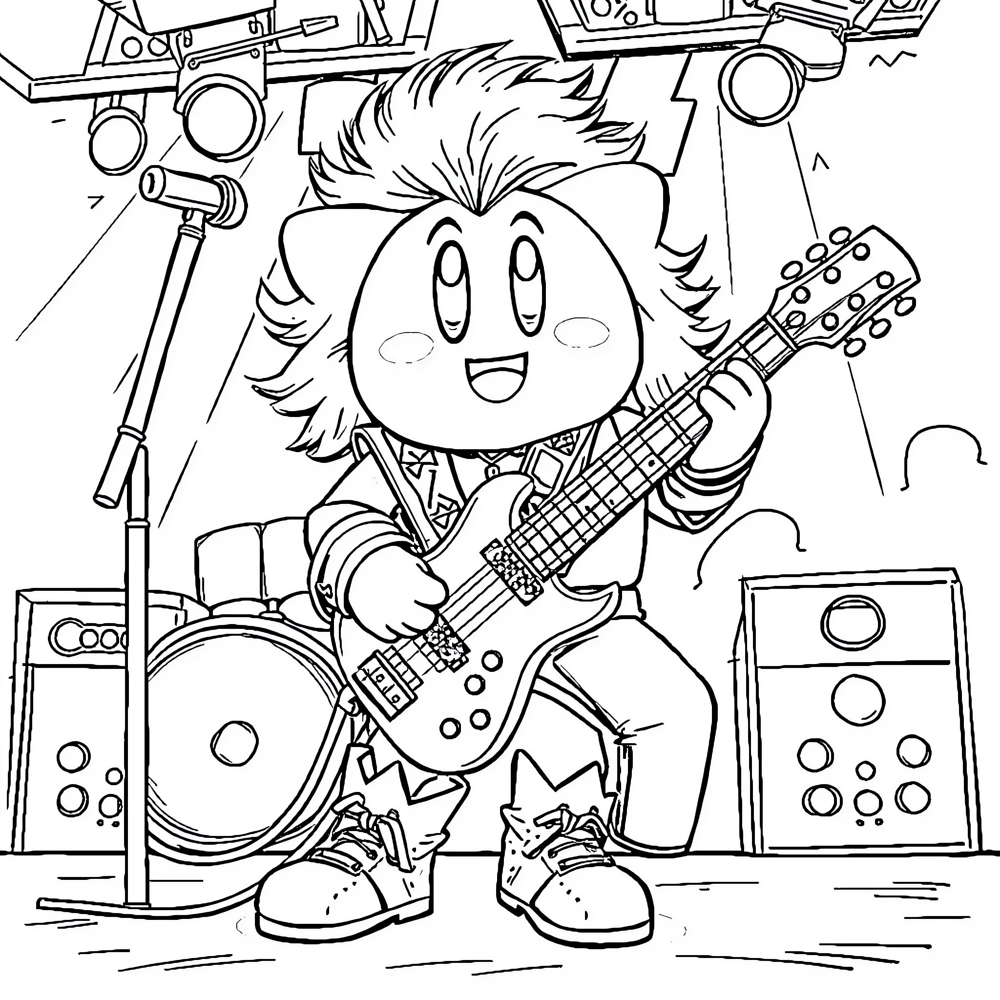 Kirby playing guitar on a concert stage Coloring Page (free black-and-white line drawing printable PDF for all, from beginners to advanced learners, including children, teens, adults, and seniors)