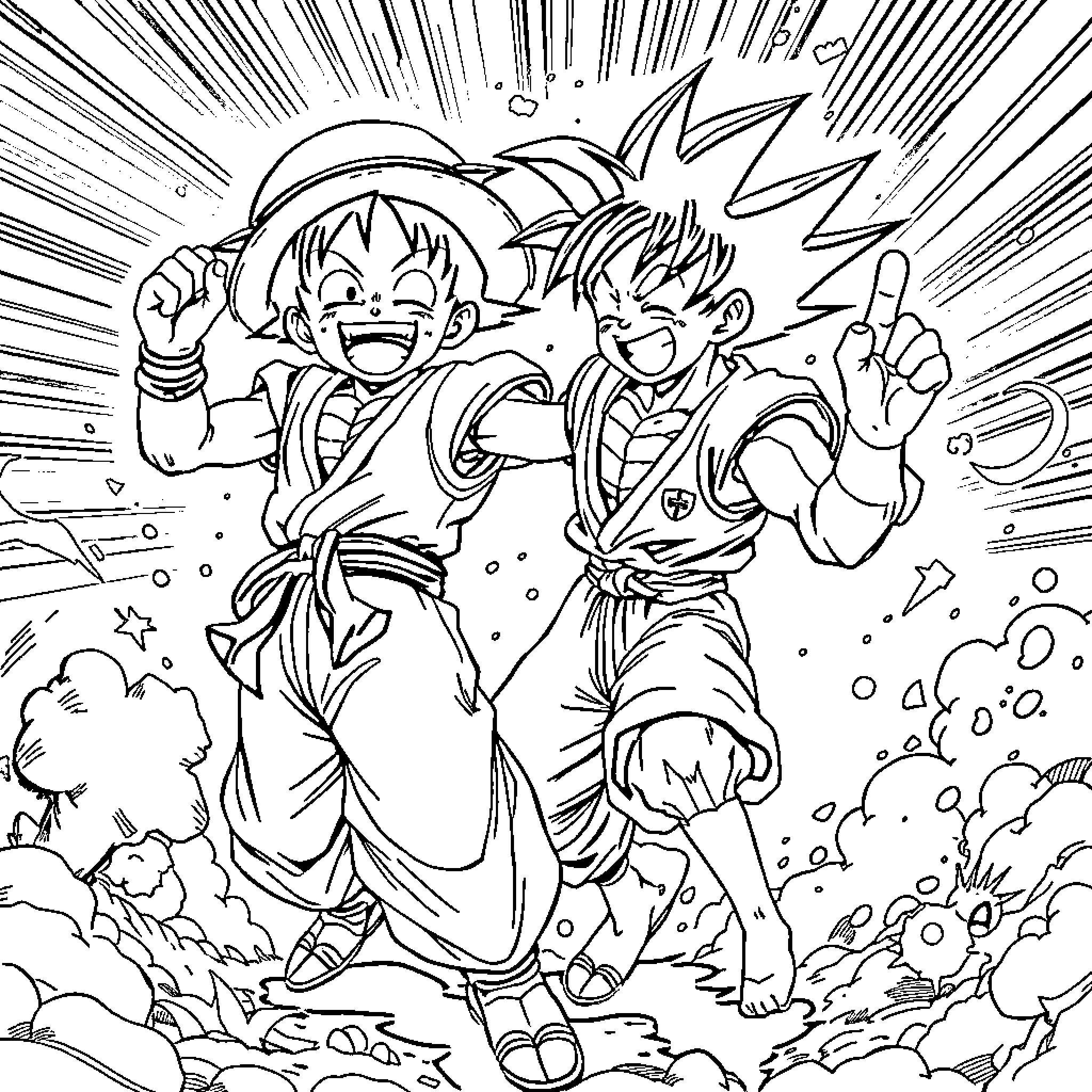Goku and Vegeta in an intense battle Coloring Page (free black-and-white line drawing printable PDF for all, from beginners to advanced learners, including children, teens, adults, and seniors)