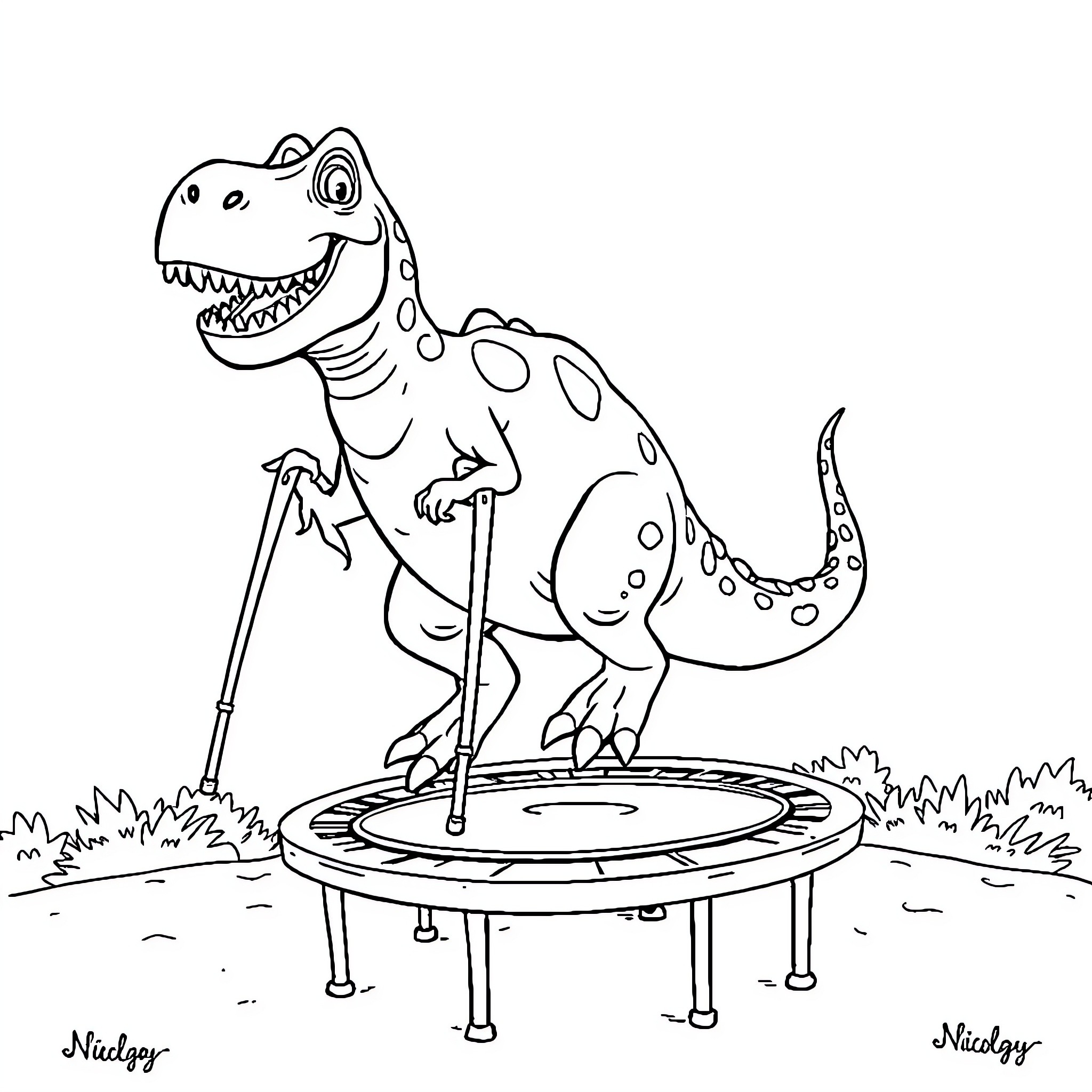 Dinosaur playing joyfully on trampoline Coloring Page (free black-and-white line drawing printable PDF for all, from beginners to advanced learners, including children, teens, adults, and seniors)