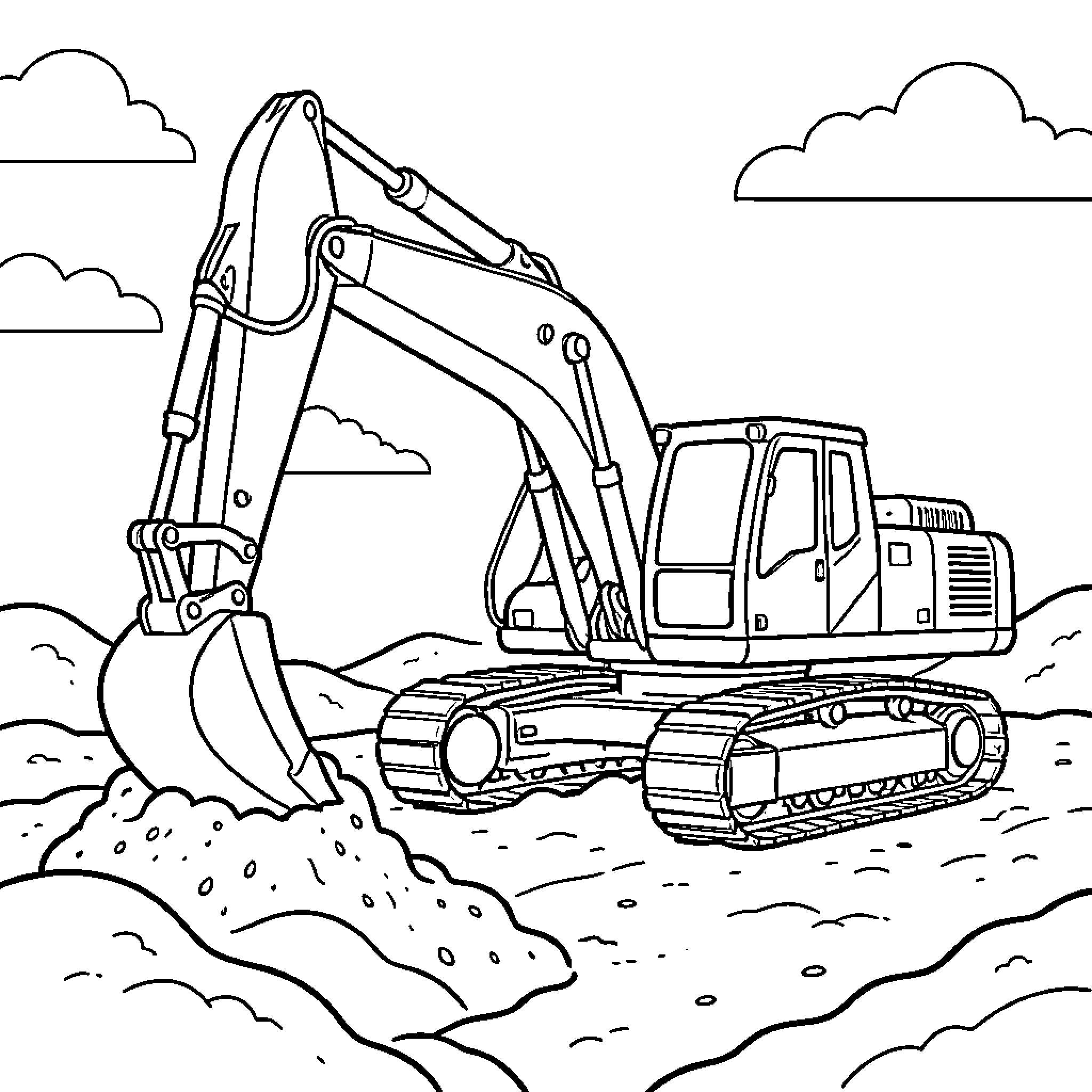 Excavator digging on construction site Coloring Page (free black-and-white line drawing printable PDF for all, from beginners to advanced learners, including children, teens, adults, and seniors)
