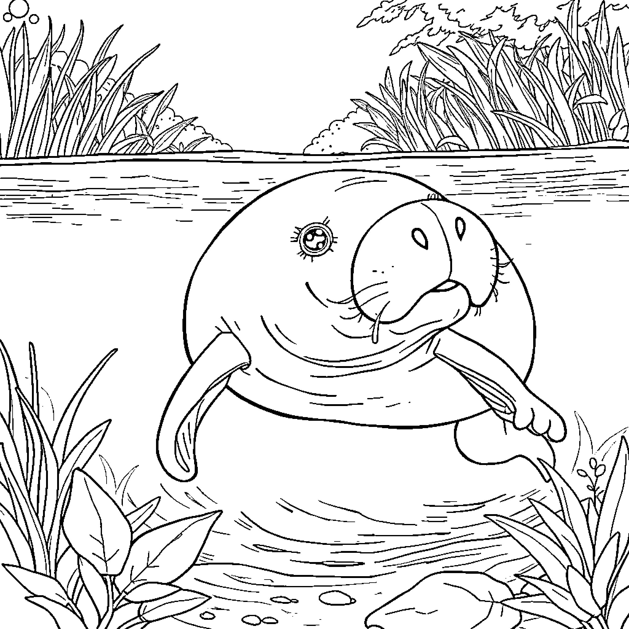 Manatee swimming peacefully in the water Coloring Page (free black-and-white line drawing printable PDF for all, from beginners to advanced learners, including children, teens, adults, and seniors)