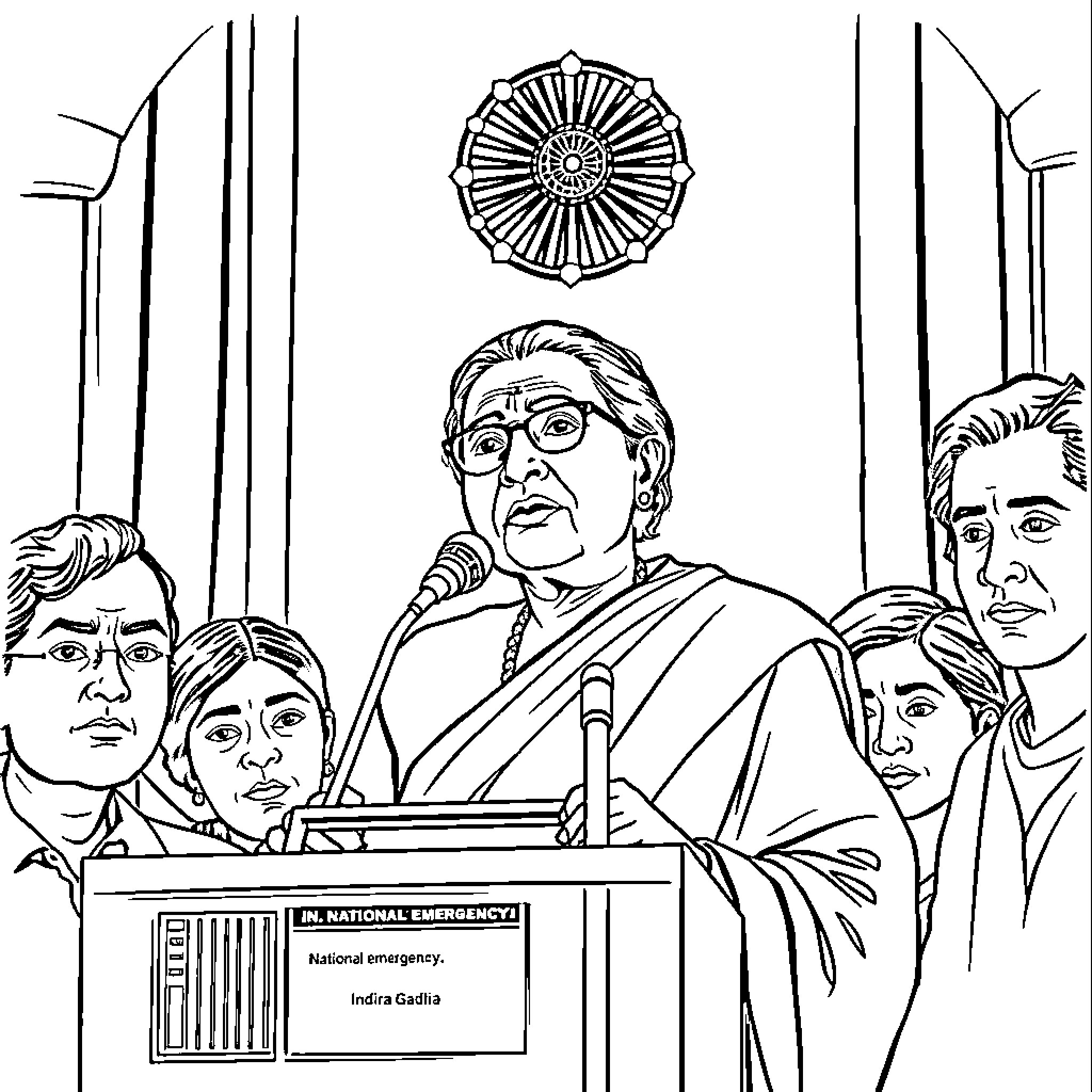Indira Gandhi delivering a speech at a national emergency event Coloring Page (free black-and-white line drawing printable PDF for all, from beginners to advanced learners, including children, teens, adults, and seniors)