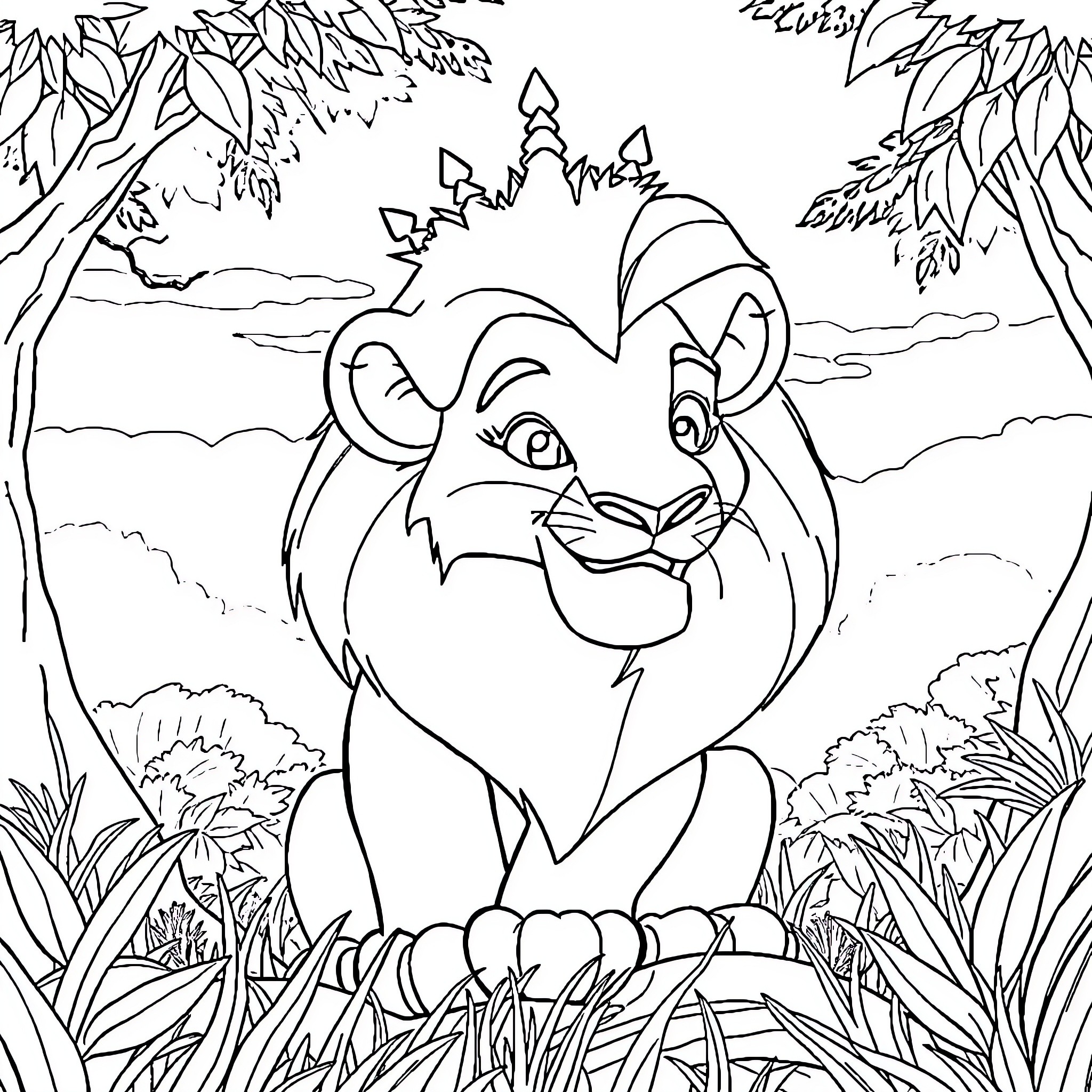 Lion resting in the lush jungle landscape Coloring Page (free black-and-white line drawing printable PDF for all, from beginners to advanced learners, including children, teens, adults, and seniors)