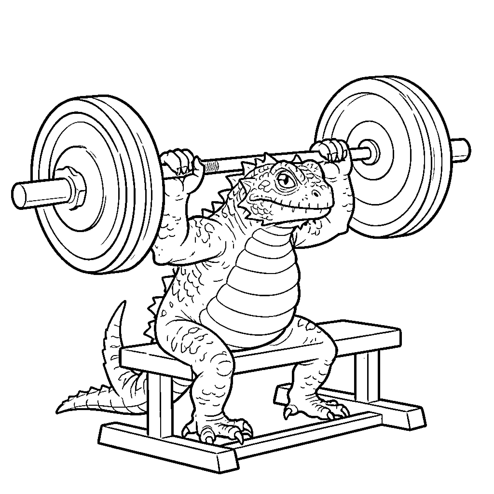 Frillneck Lizard lifting heavy weights Coloring Page (free black-and-white line drawing printable PDF for all, from beginners to advanced learners, including children, teens, adults, and seniors)