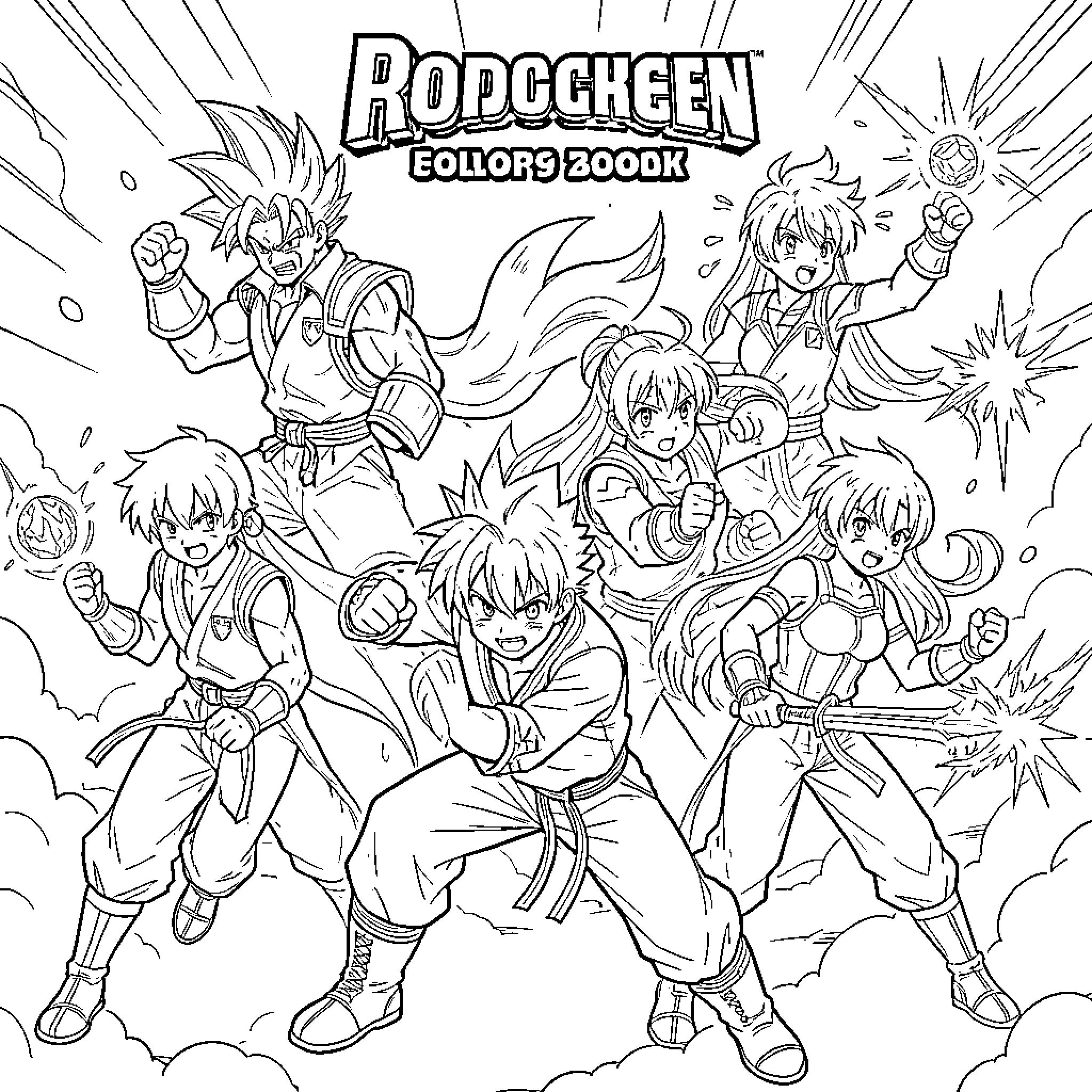 Dragon Ball Z characters striking powerful combat poses Coloring Page (free black-and-white line drawing printable PDF for all, from beginners to advanced learners, including children, teens, adults, and seniors)