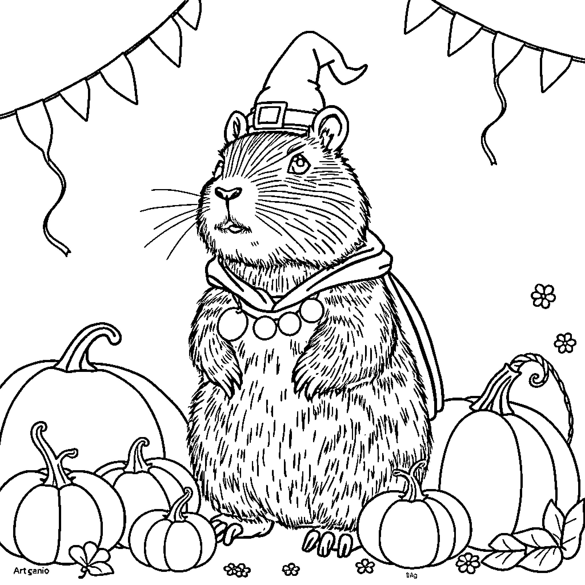 Capybara celebrating Halloween with pumpkins and decorations Coloring Page (free black-and-white line drawing printable PDF for all, from beginners to advanced learners, including children, teens, adults, and seniors)