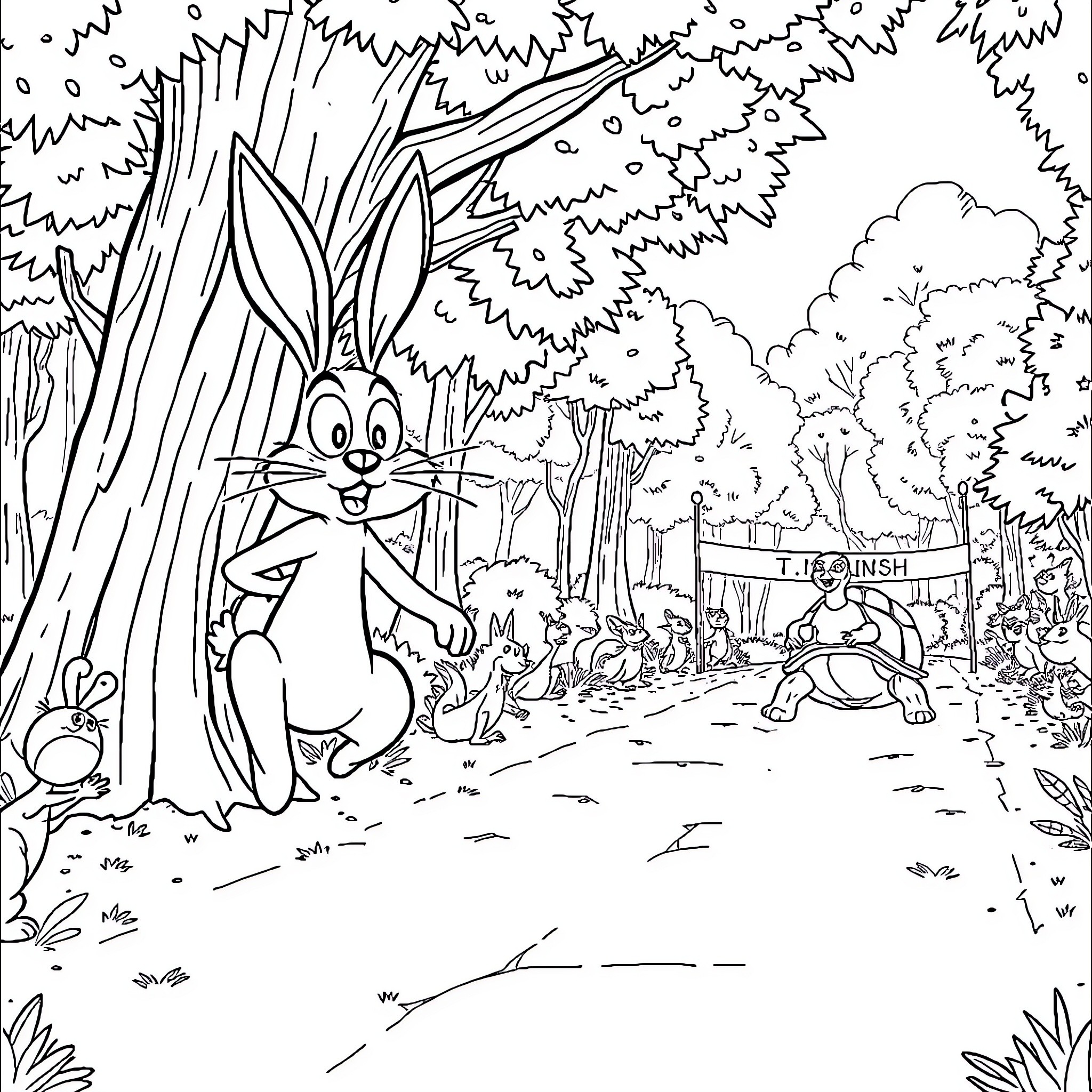 Hare enjoying the lively forest scene Coloring Page (free black-and-white line drawing printable PDF for all, from beginners to advanced learners, including children, teens, adults, and seniors)