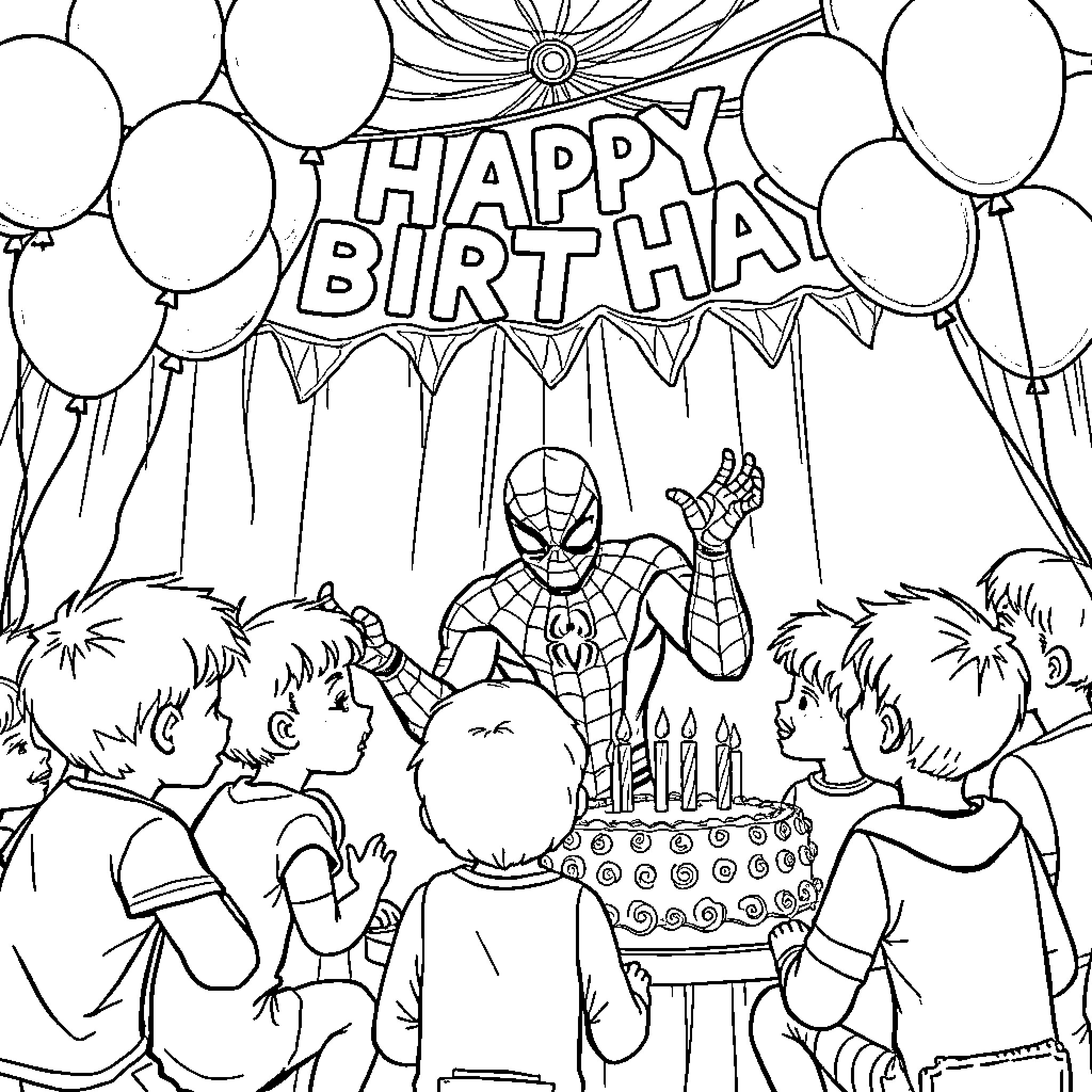 Spiderman attends a Happy Birthday party with children Coloring Page (free black-and-white line drawing printable PDF for all, from beginners to advanced learners, including children, teens, adults, and seniors)