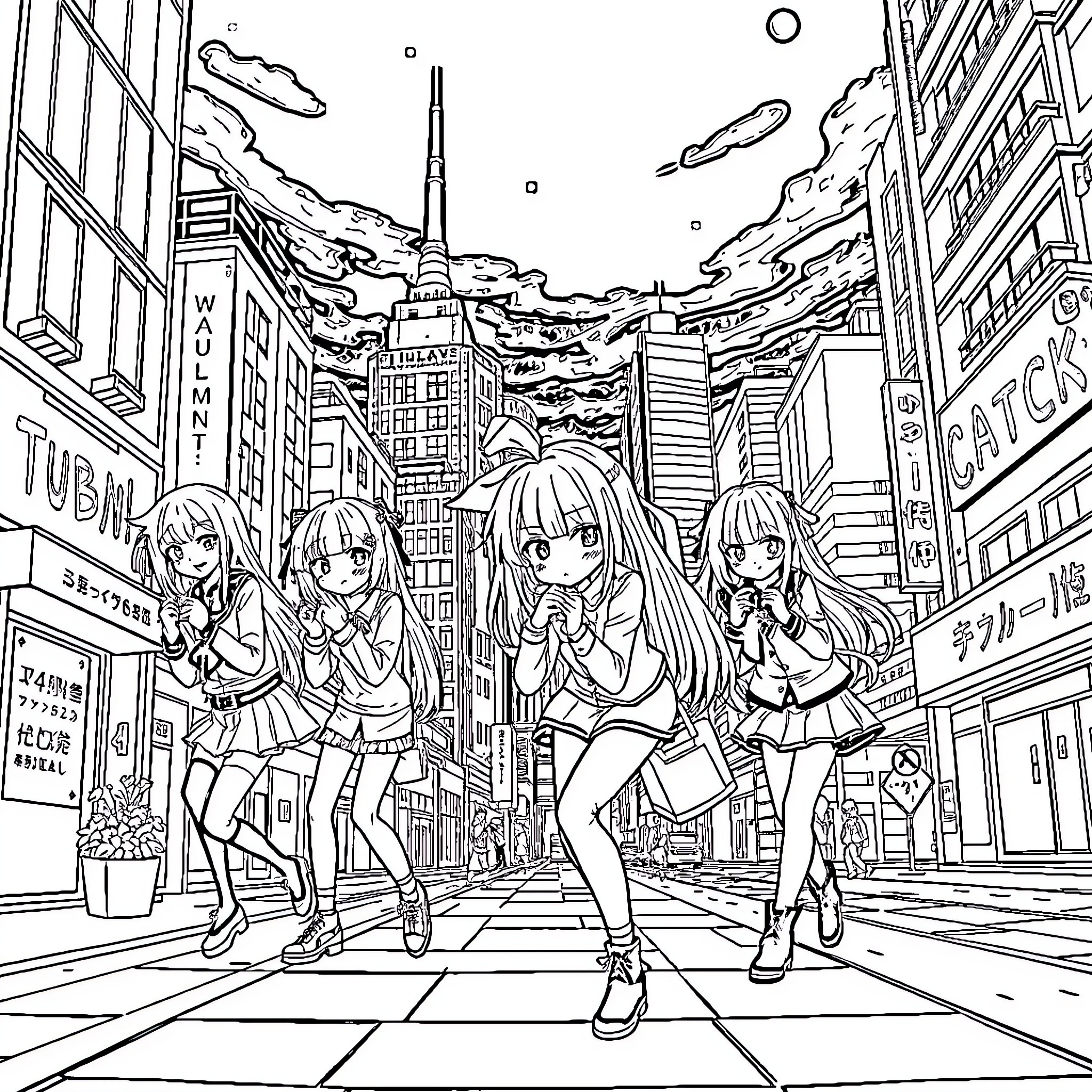 Anime Girls Exploring the City Streets Coloring Page (free black-and-white line drawing printable PDF for all, from beginners to advanced learners, including children, teens, adults, and seniors)