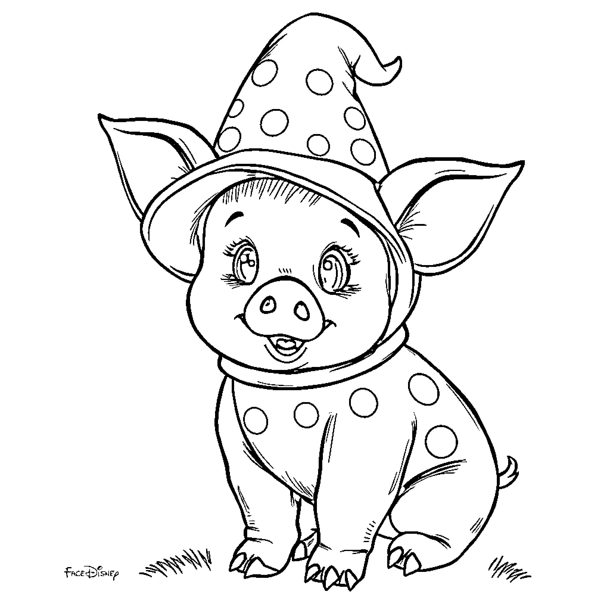 Piglet wearing a spotted hat and smiling happily Coloring Page (free black-and-white line drawing printable PDF for all, from beginners to advanced learners, including children, teens, adults, and seniors)