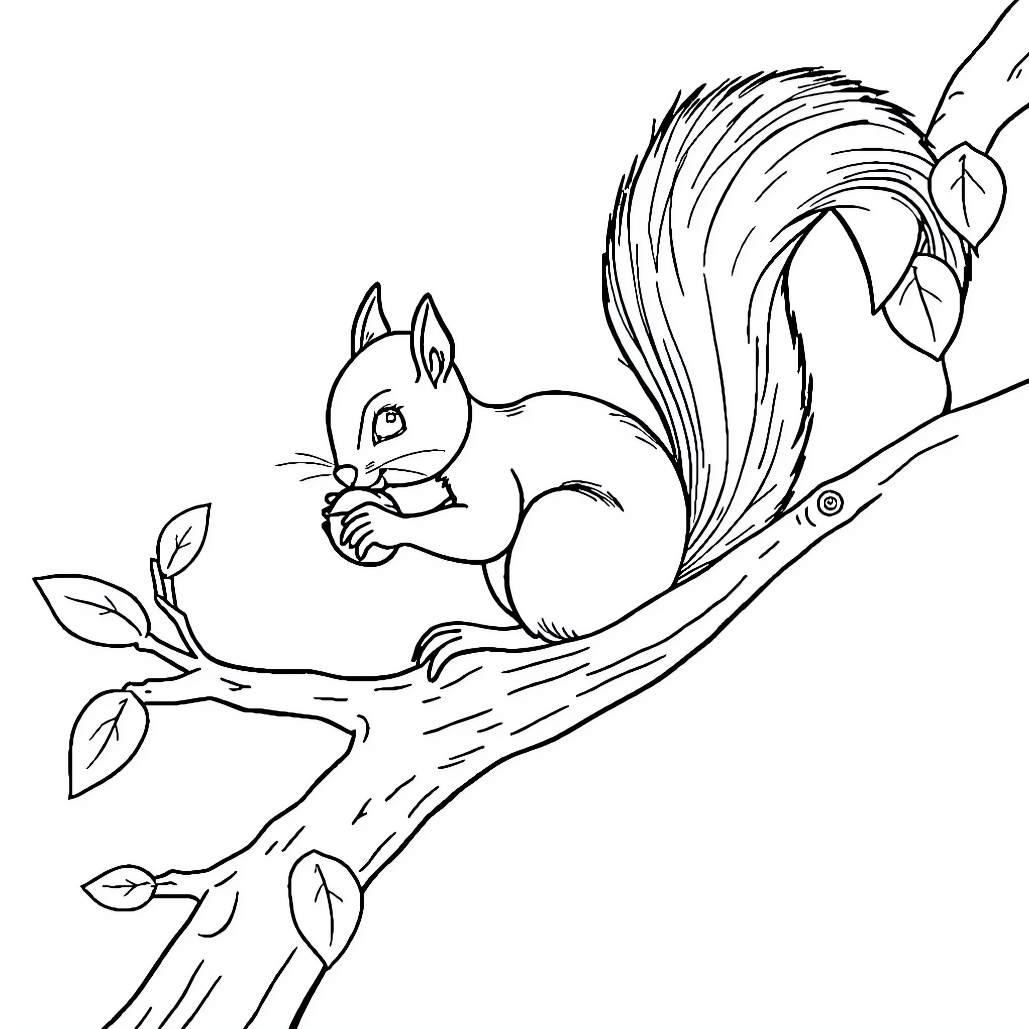 Squirrel scurrying up a tree branch Coloring Page (free black-and-white line drawing printable PDF for all, from beginners to advanced learners, including children, teens, adults, and seniors)