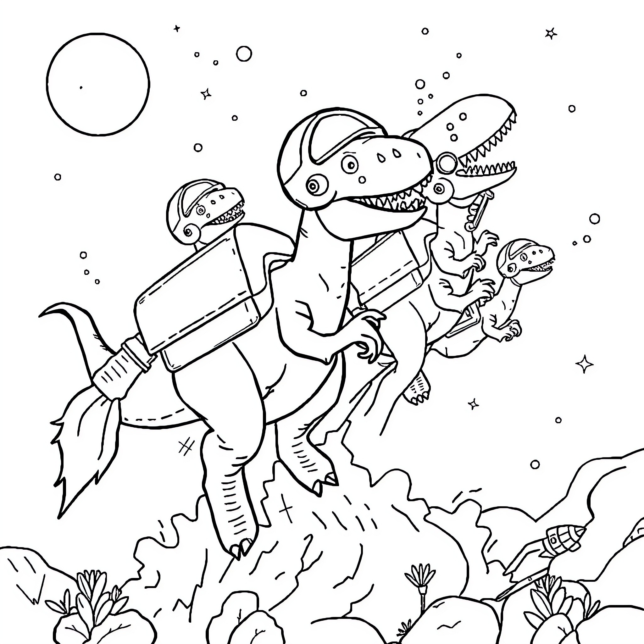 Dinosaur astronauts exploring the cosmos Coloring Page (free black-and-white line drawing printable PDF for all, from beginners to advanced learners, including children, teens, adults, and seniors)
