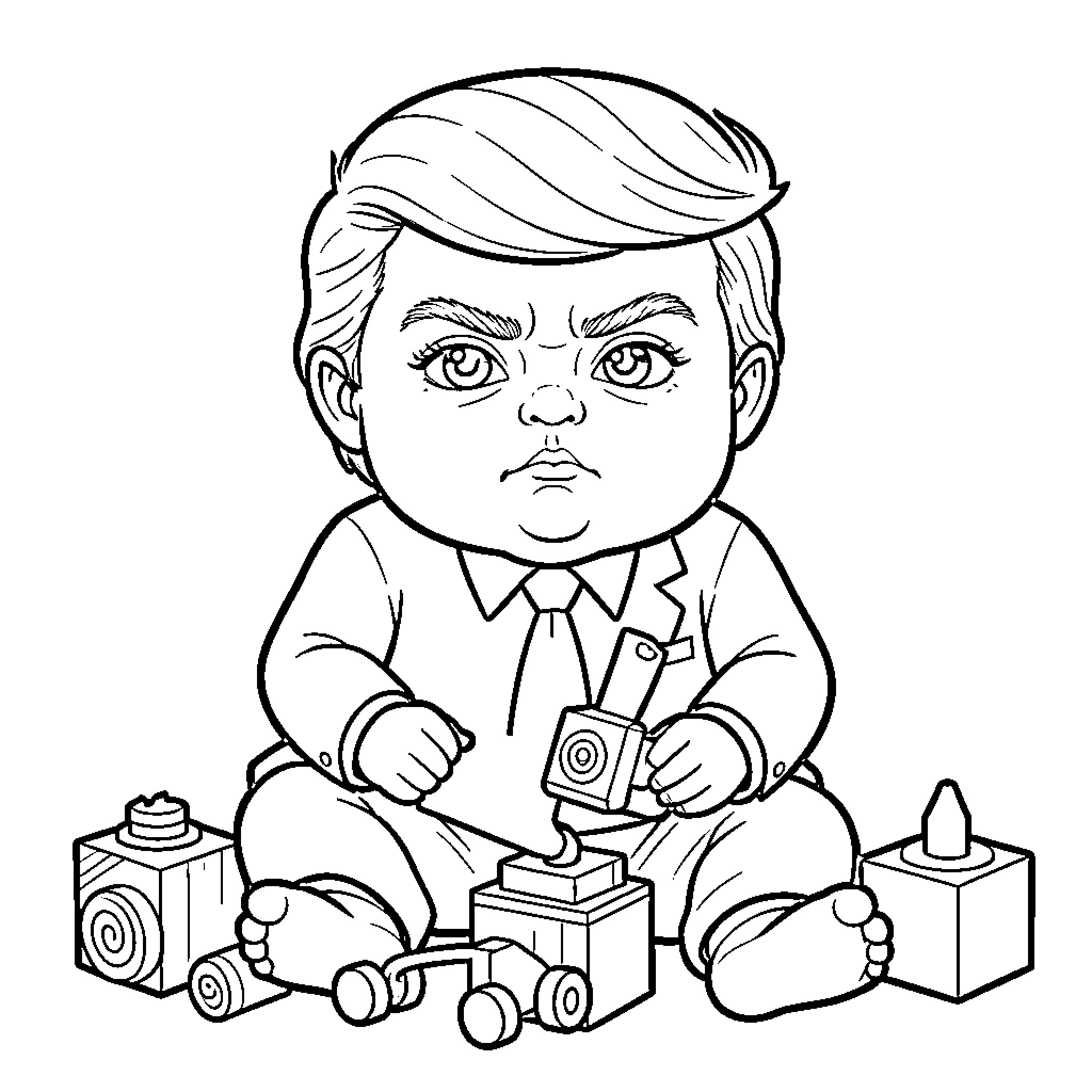 Baby Trump playing with toys and cameras Coloring Page (free black-and-white line drawing printable PDF for all, from beginners to advanced learners, including children, teens, adults, and seniors)
