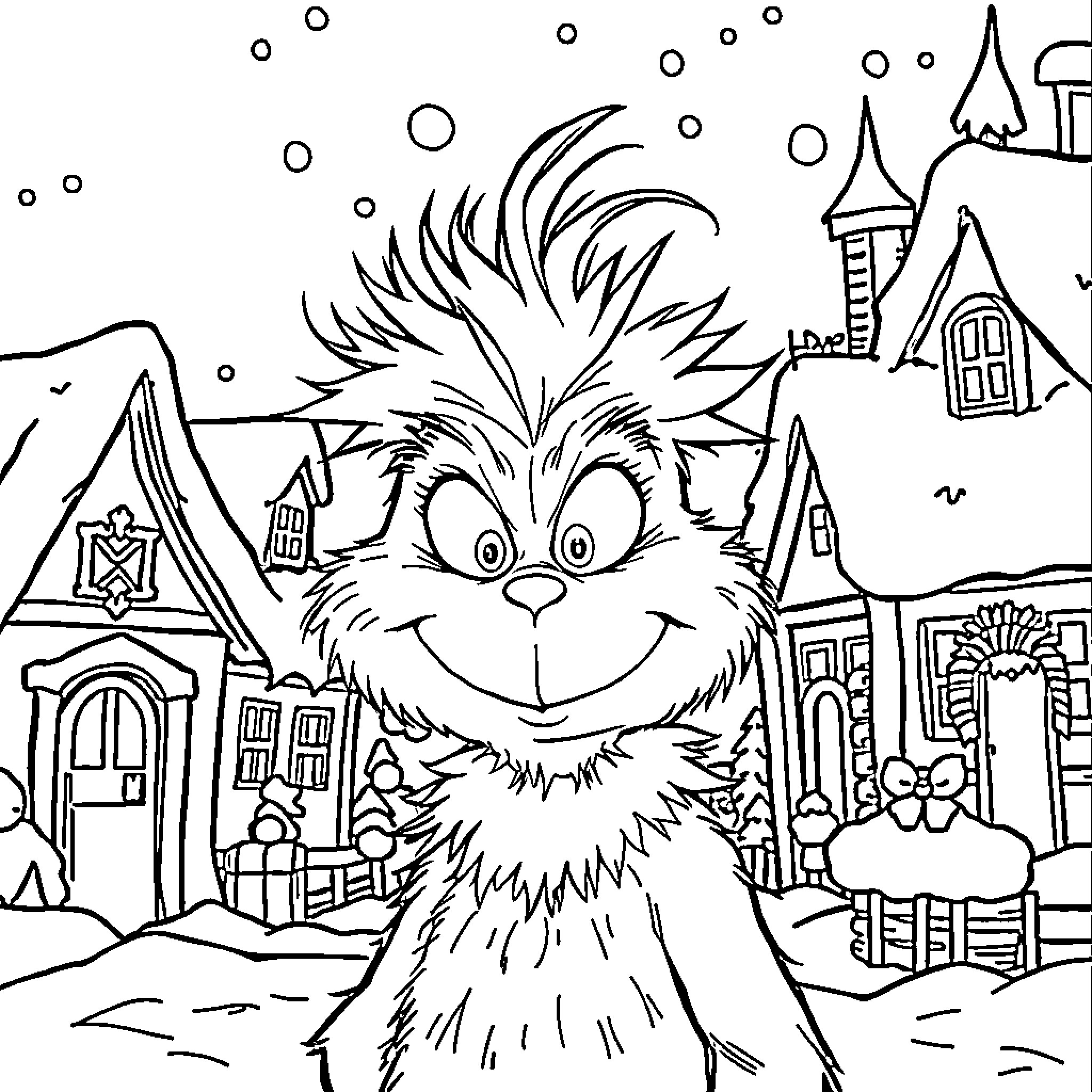 Grinch frolicking in a snowy town Coloring Page (free black-and-white line drawing printable PDF for all, from beginners to advanced learners, including children, teens, adults, and seniors)