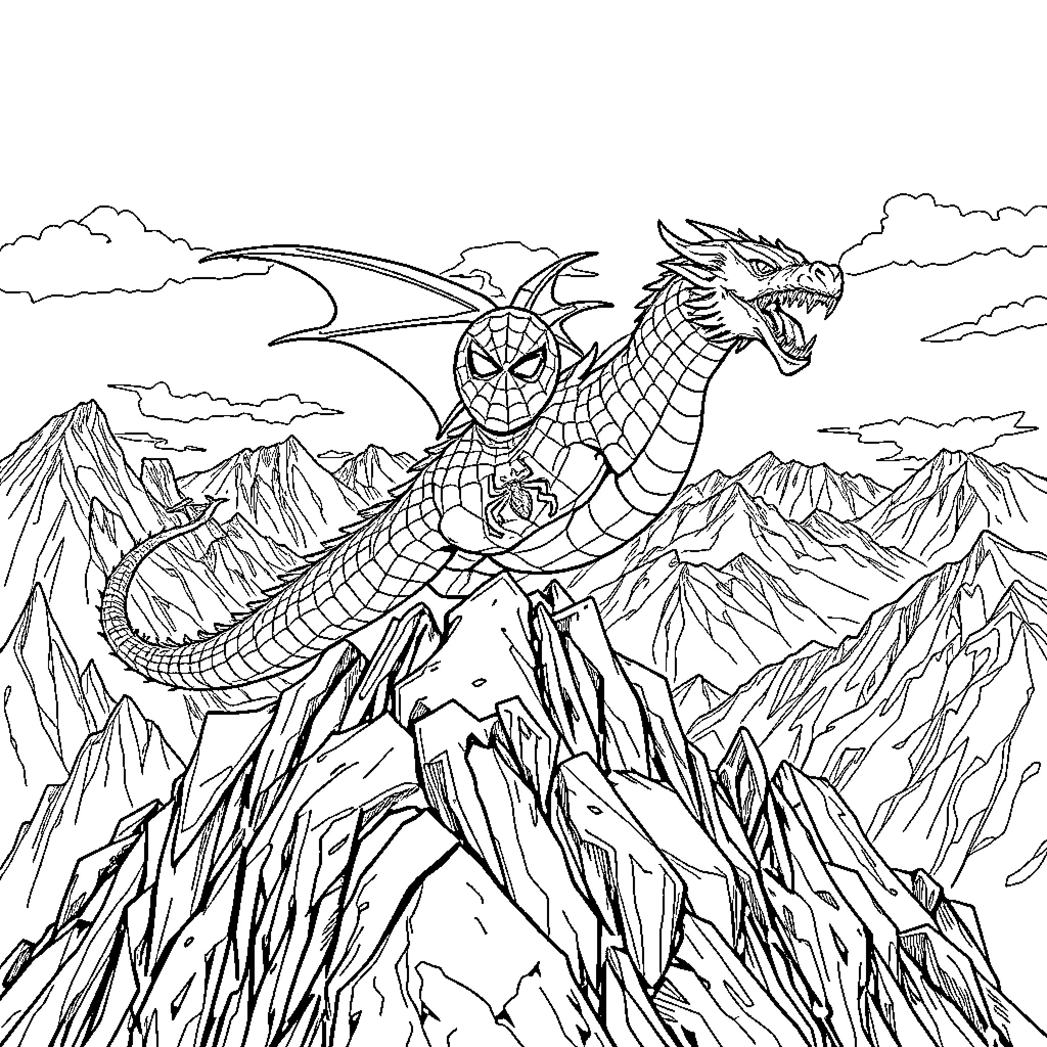 Spiderman riding a mythical dragon in a mountainous landscape Coloring Page (free black-and-white line drawing printable PDF for all, from beginners to advanced learners, including children, teens, adults, and seniors)