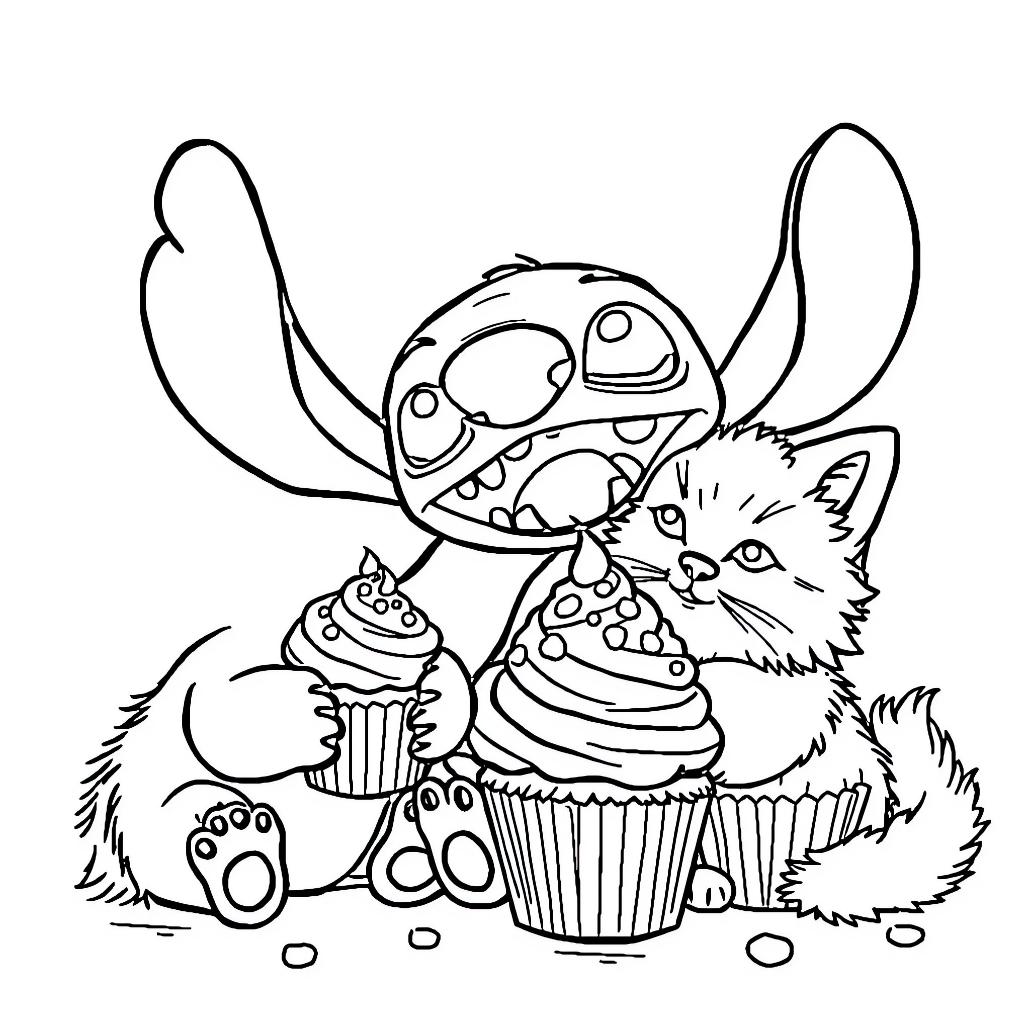 Stitch sharing cupcakes with a furry friend Coloring Page (free black-and-white line drawing printable PDF for all, from beginners to advanced learners, including children, teens, adults, and seniors)