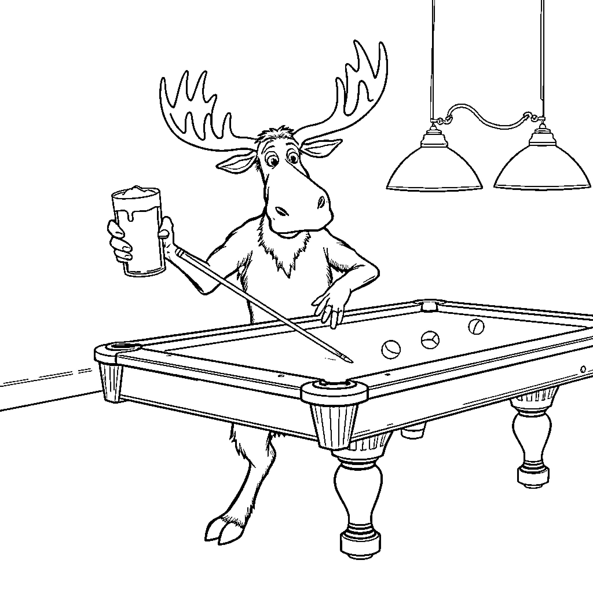 Moose playing pool while enjoying a drink Coloring Page (free black-and-white line drawing printable PDF for all, from beginners to advanced learners, including children, teens, adults, and seniors)