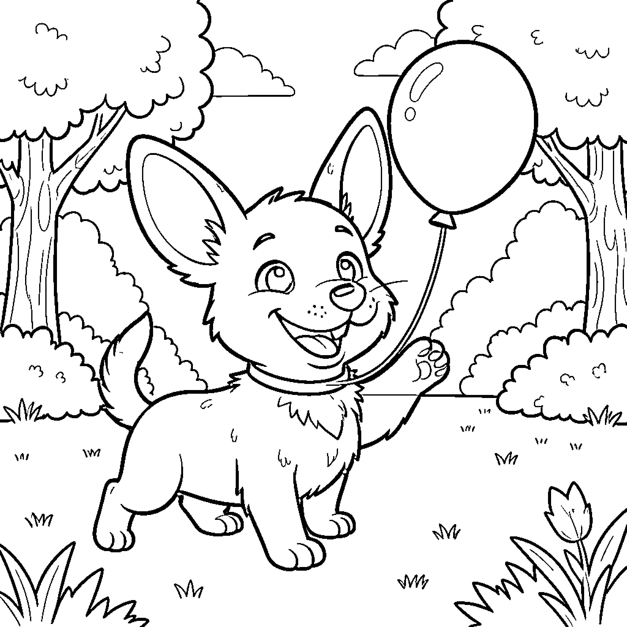 Perro happy playing with a balloon in nature Coloring Page (free black-and-white line drawing printable PDF for all, from beginners to advanced learners, including children, teens, adults, and seniors)