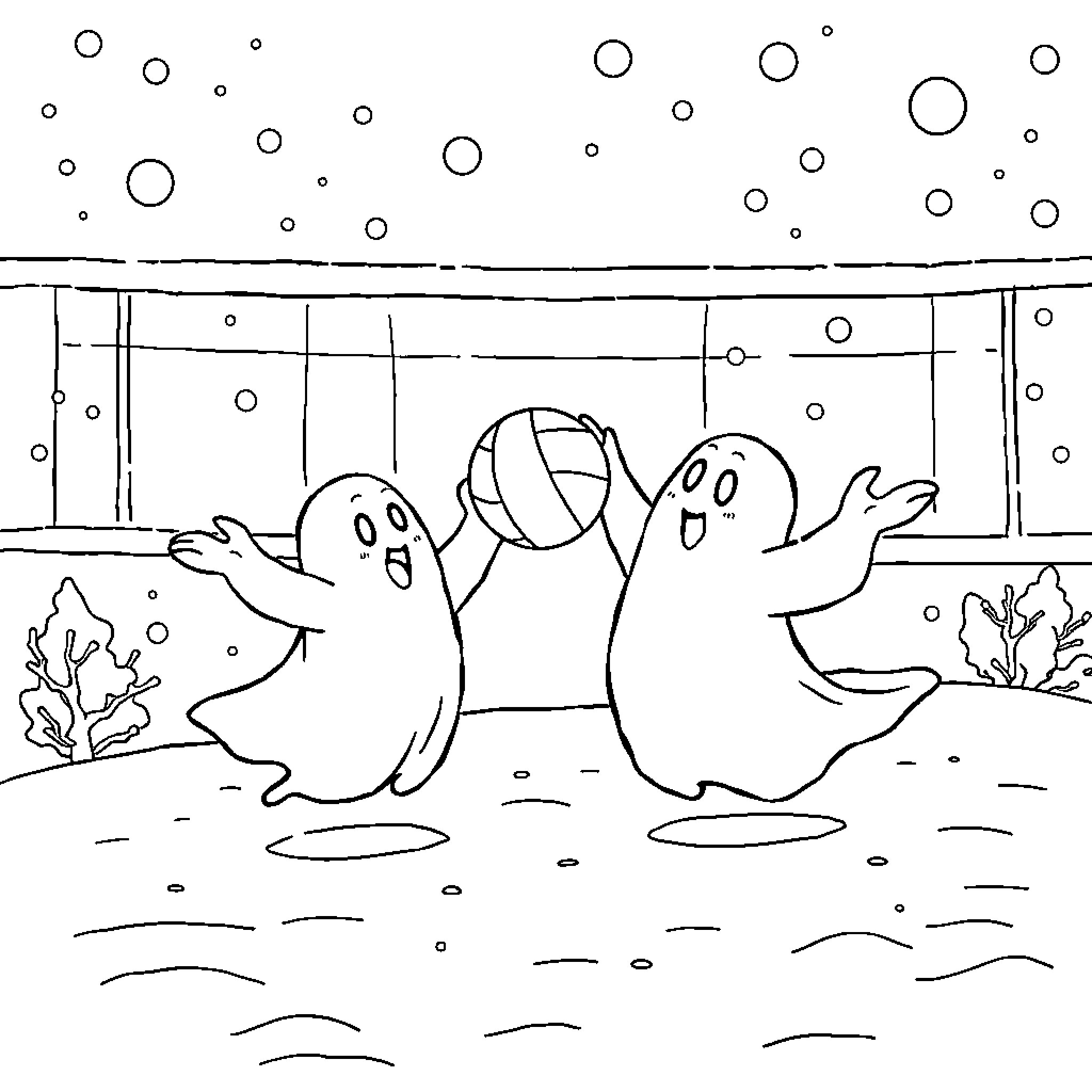 Ghost friends playing volleyball in the ocean Coloring Page (free black-and-white line drawing printable PDF for all, from beginners to advanced learners, including children, teens, adults, and seniors)