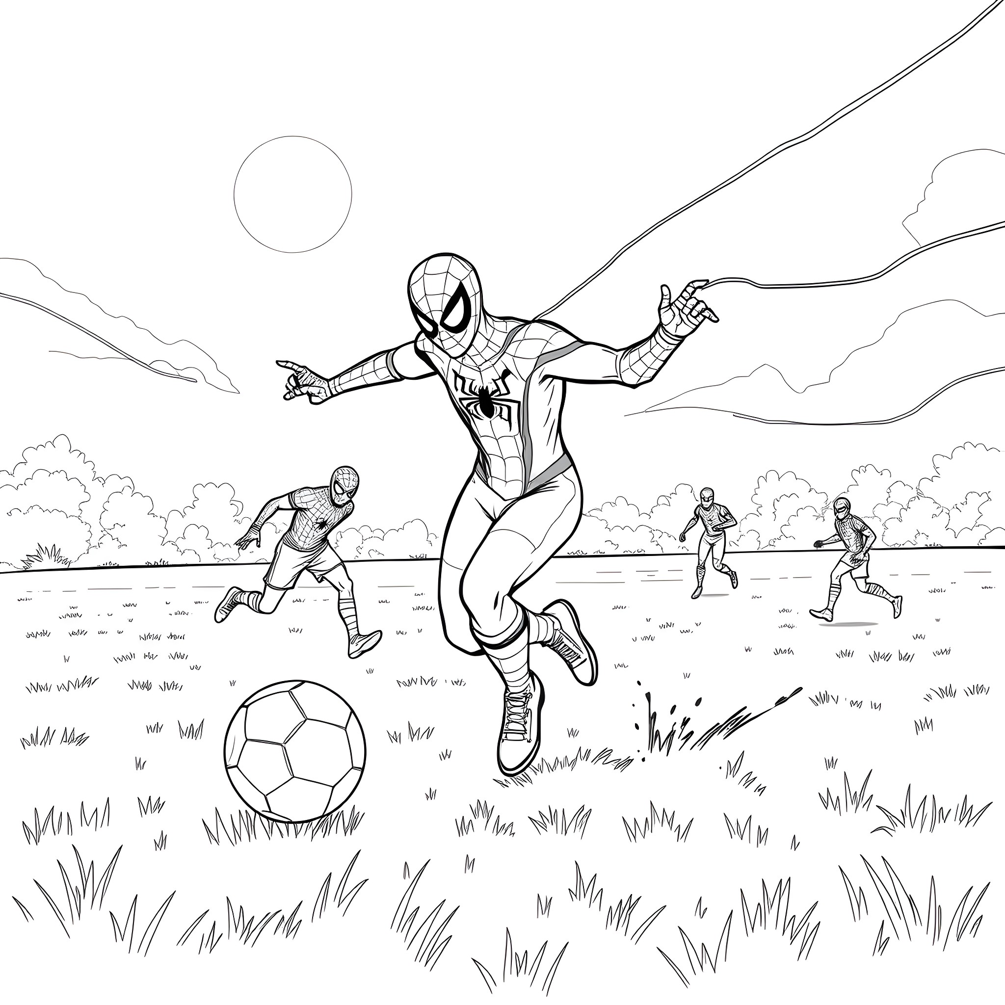 Spidey's Football Fun Coloring Page (free black-and-white line drawing printable PDF for all, from beginners to advanced learners, including children, teens, adults, and seniors)