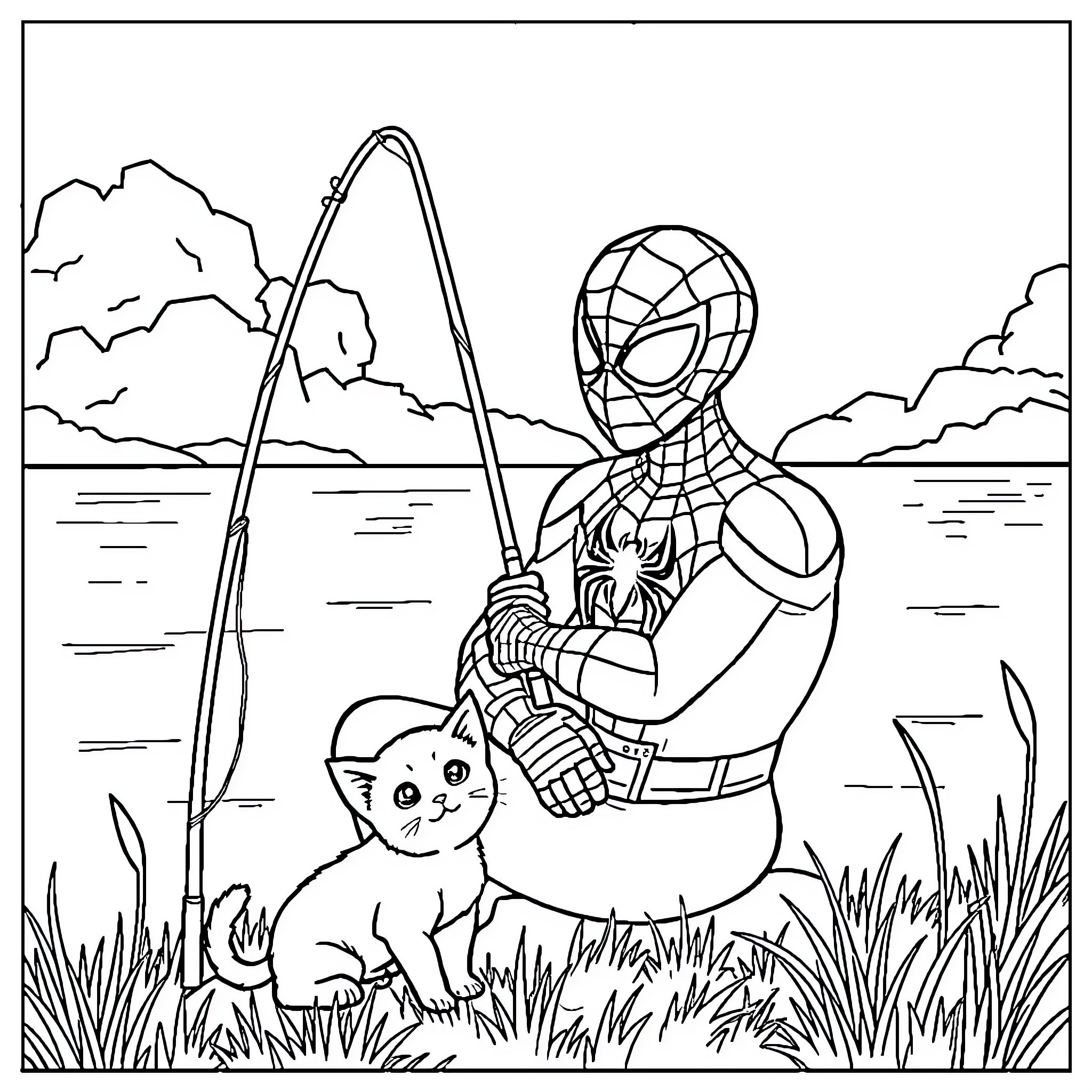 Spider-Man enjoying a day of fishing with furry friend Coloring Page (free black-and-white line drawing printable PDF for all, from beginners to advanced learners, including children, teens, adults, and seniors)