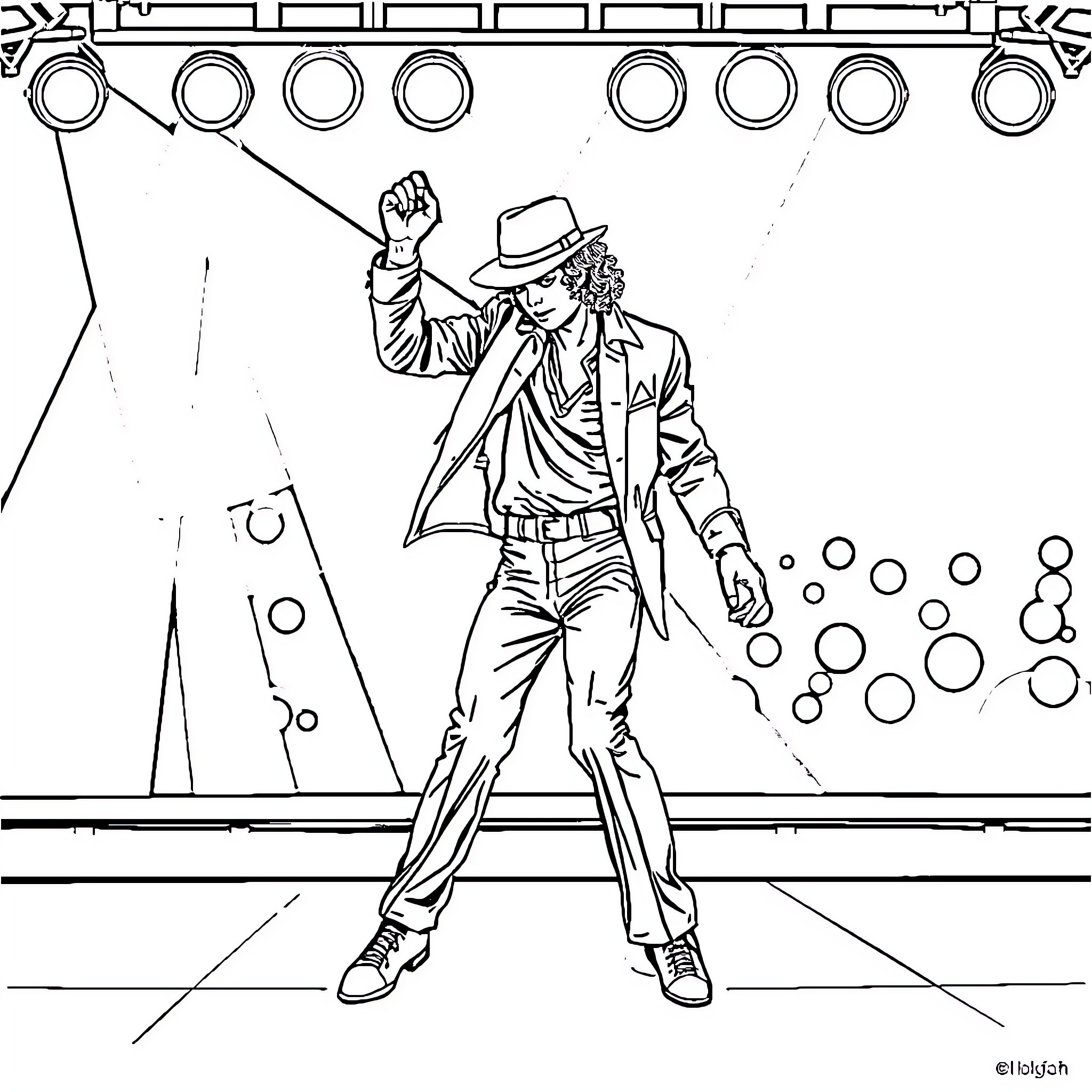 Michael Jackson performing on stage with energy and flair Coloring Page (free black-and-white line drawing printable PDF for all, from beginners to advanced learners, including children, teens, adults, and seniors)