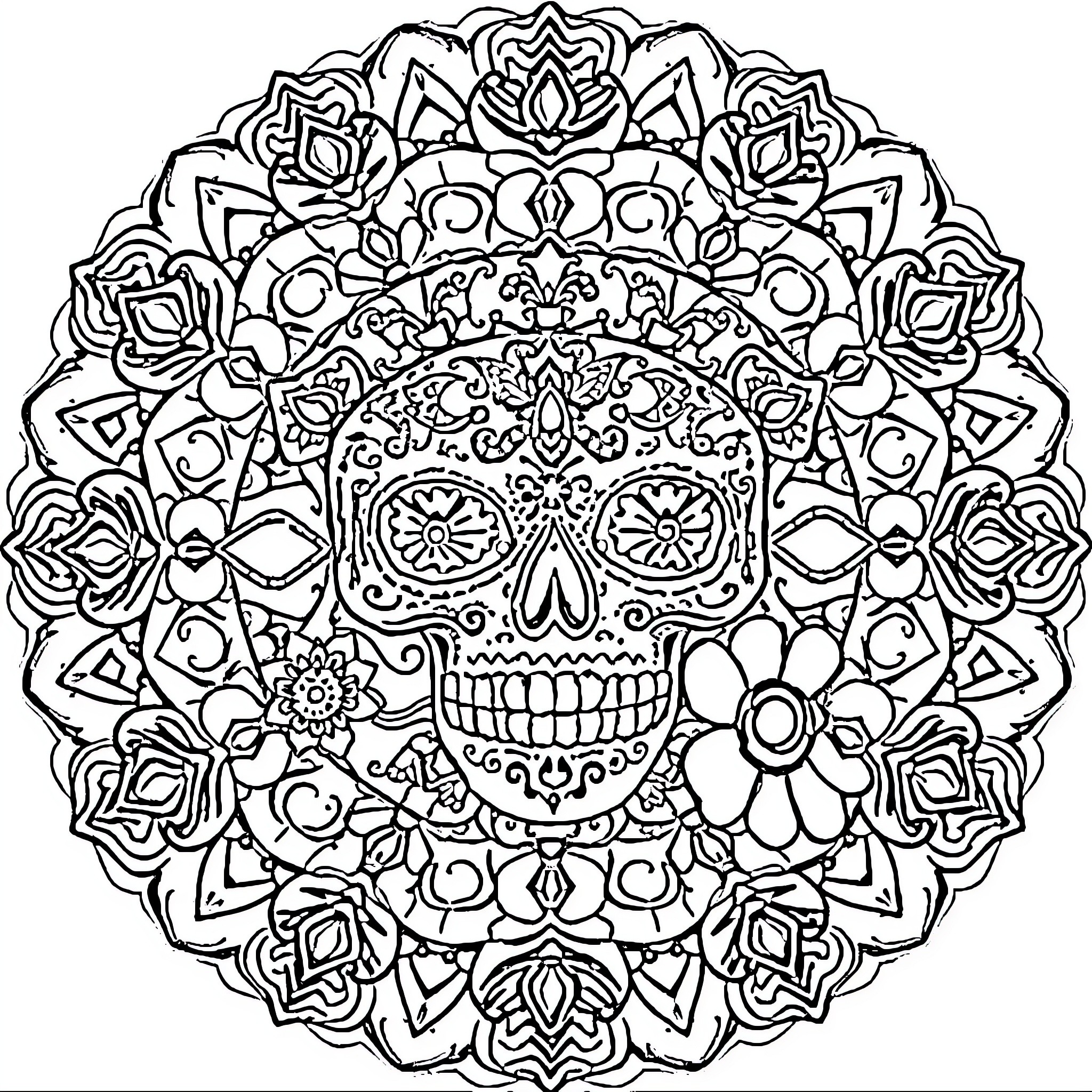 Mandala with ornate skull and floral elements Coloring Page (free black-and-white line drawing printable PDF for all, from beginners to advanced learners, including children, teens, adults, and seniors)