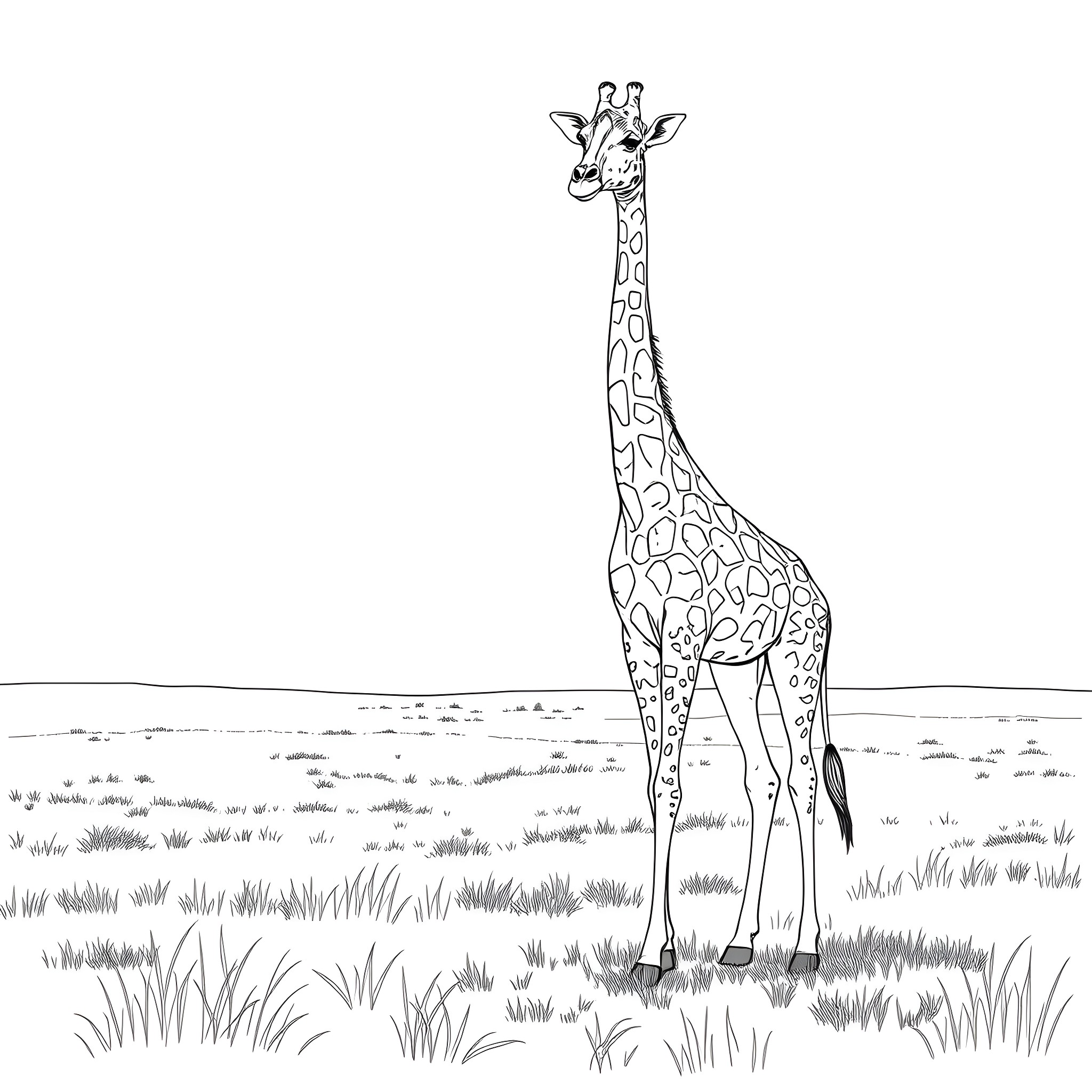 Giraffe standing tall in a natural landscape Coloring Page (free black-and-white line drawing printable PDF for all, from beginners to advanced learners, including children, teens, adults, and seniors)