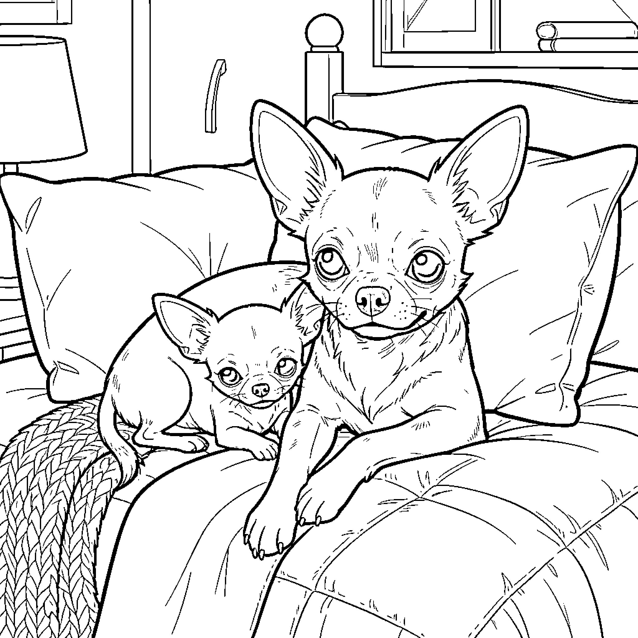 Chihuahuas relaxing comfortably on the couch Coloring Page (free black-and-white line drawing printable PDF for all, from beginners to advanced learners, including children, teens, adults, and seniors)