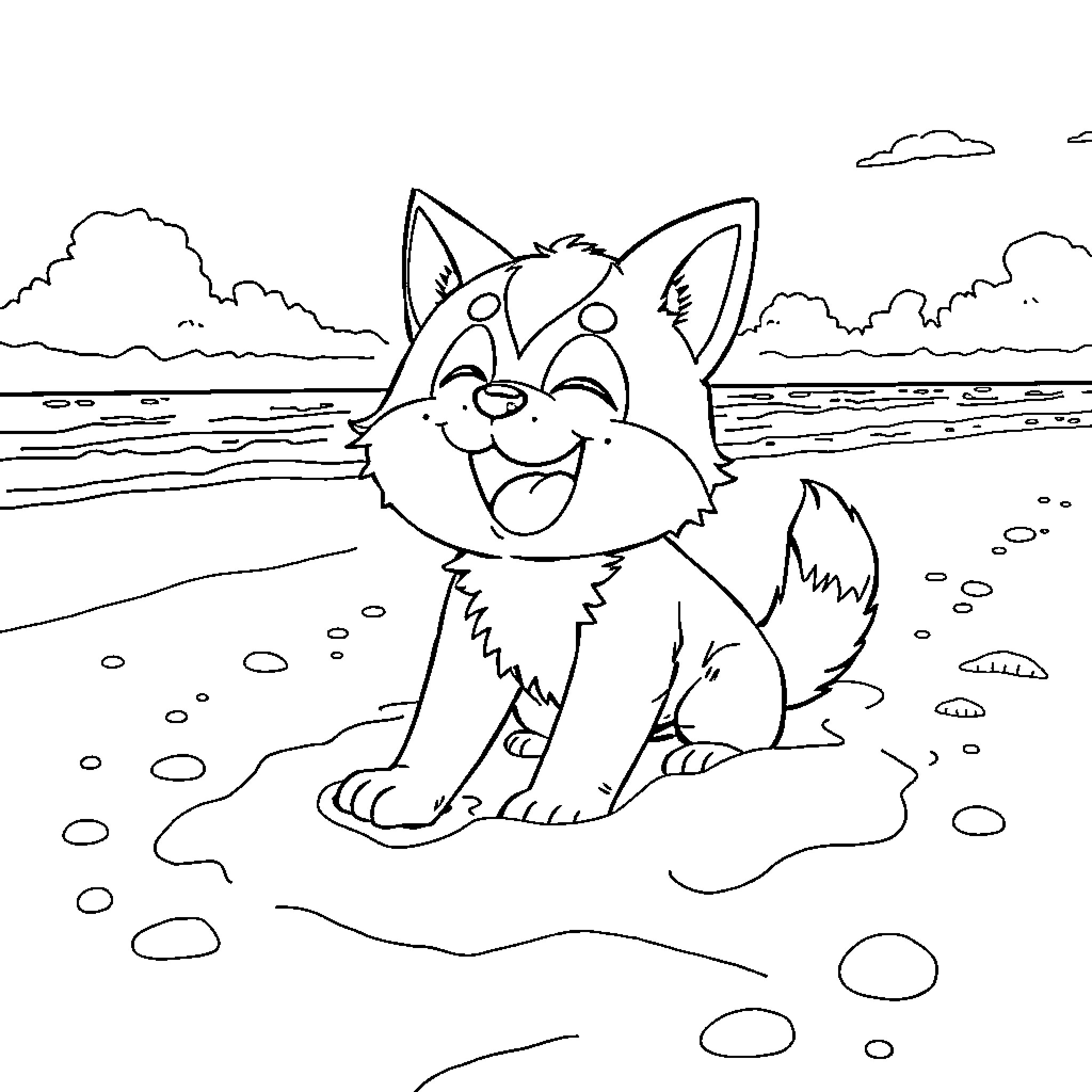 Kuromi exploring the beach with joy Coloring Page (free black-and-white line drawing printable PDF for all, from beginners to advanced learners, including children, teens, adults, and seniors)