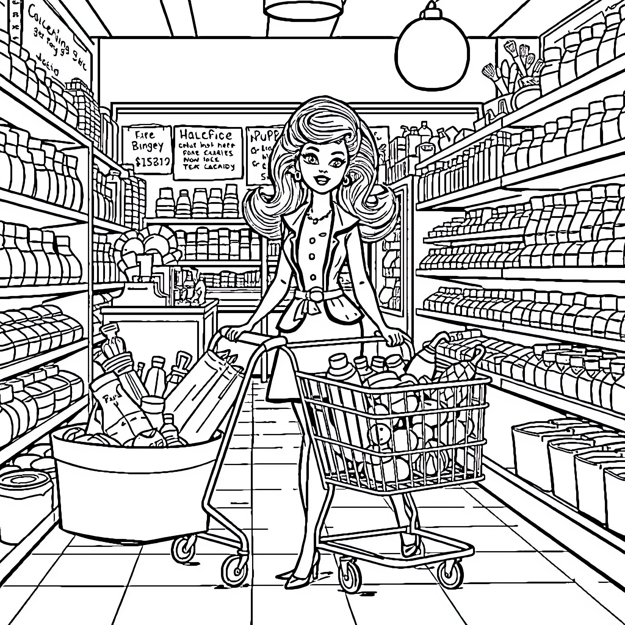 Barbie Shopping in the Grocery Store Coloring Page (free black-and-white line drawing printable PDF for all, from beginners to advanced learners, including children, teens, adults, and seniors)
